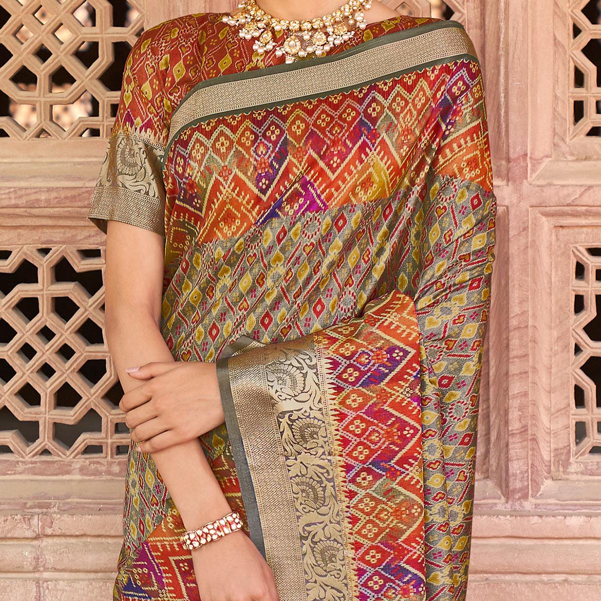 Grey Festive Wear Digital Printed Soft Silk Saree With Viscose Zari Border - Peachmode