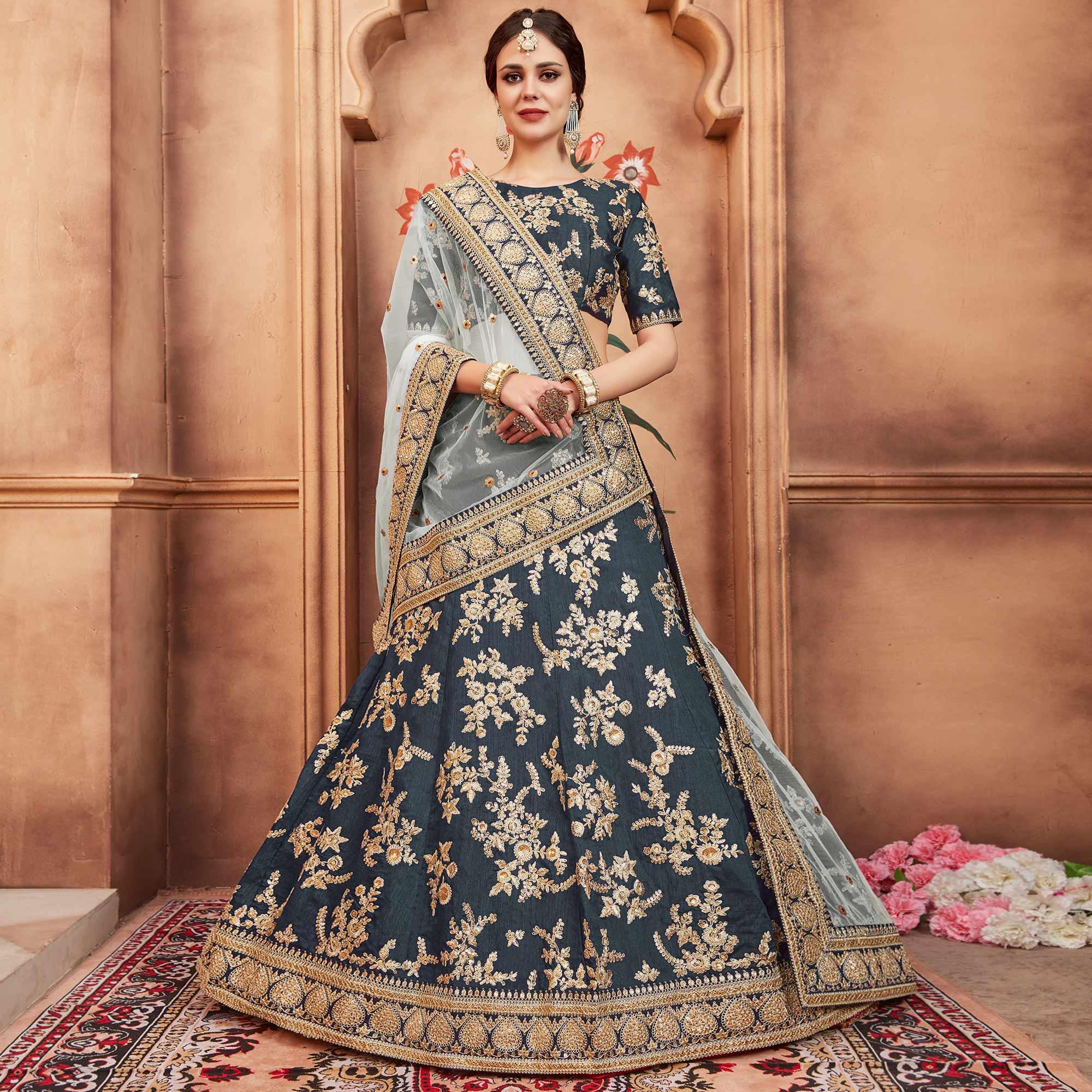 Grey Festive Wear Dori Sequence Work Art Silk Lehenga Choli - Peachmode