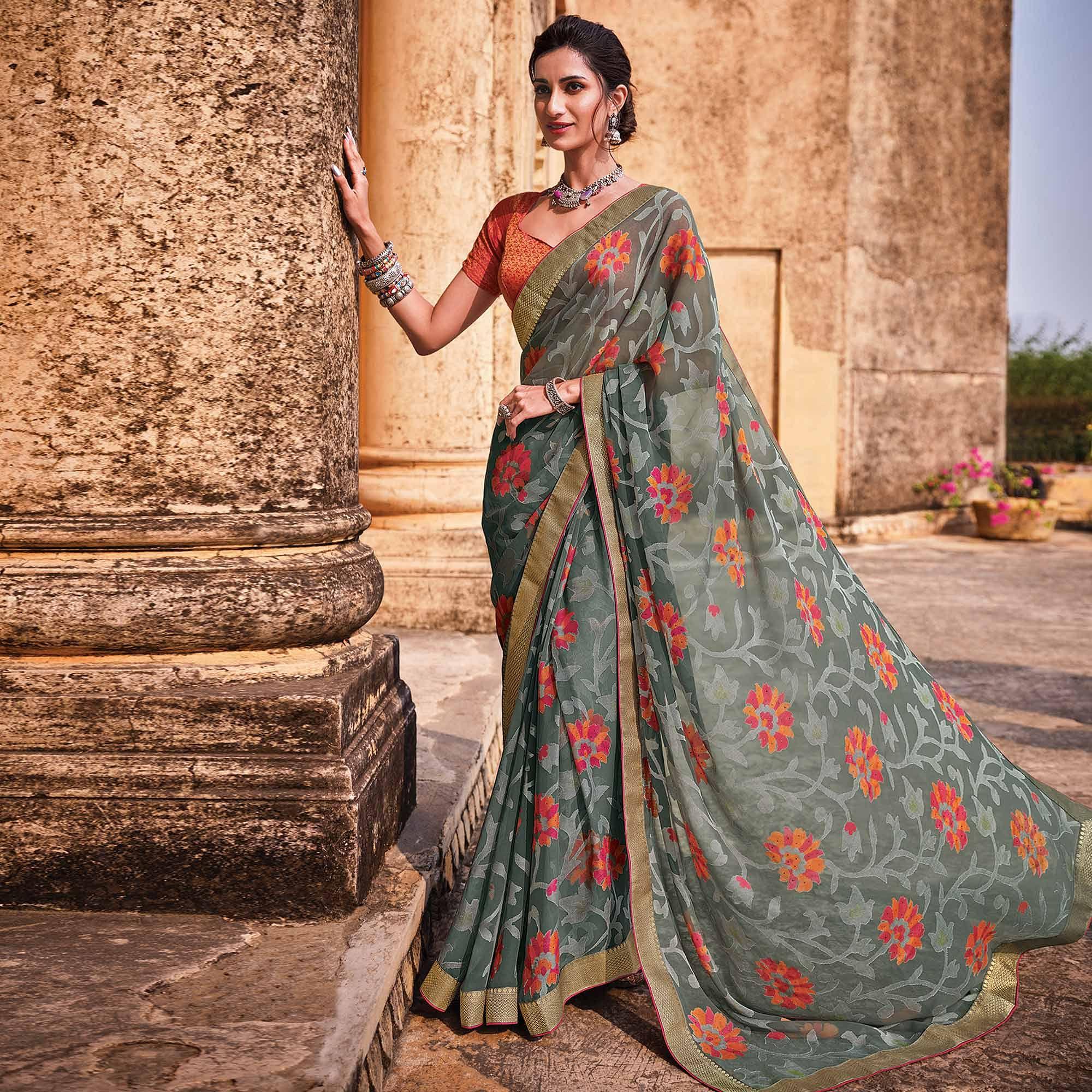 Grey Festive Wear Embellished Brasso Saree - Peachmode