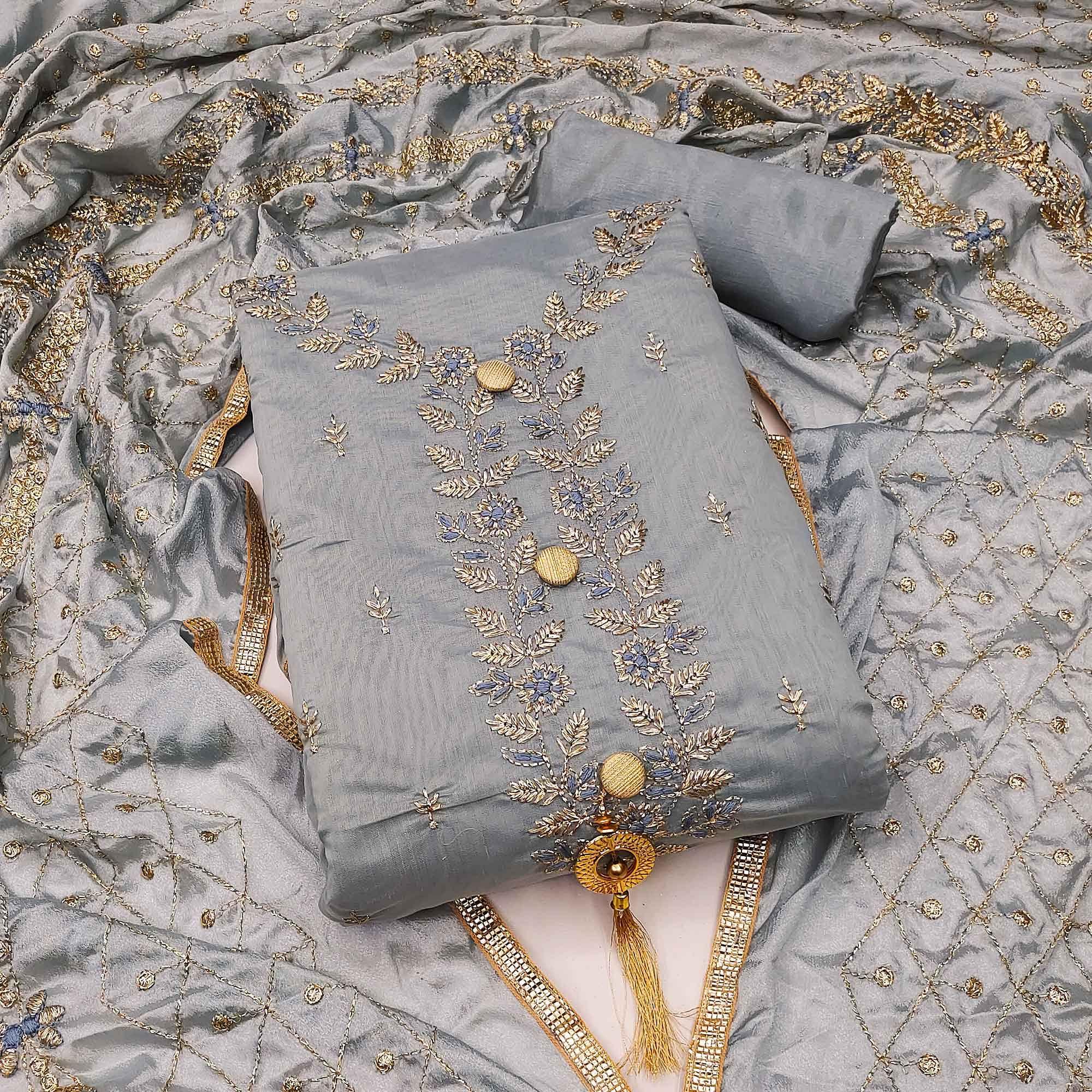 Grey Festive Wear Embroidered Chanderi Dress Material - Peachmode