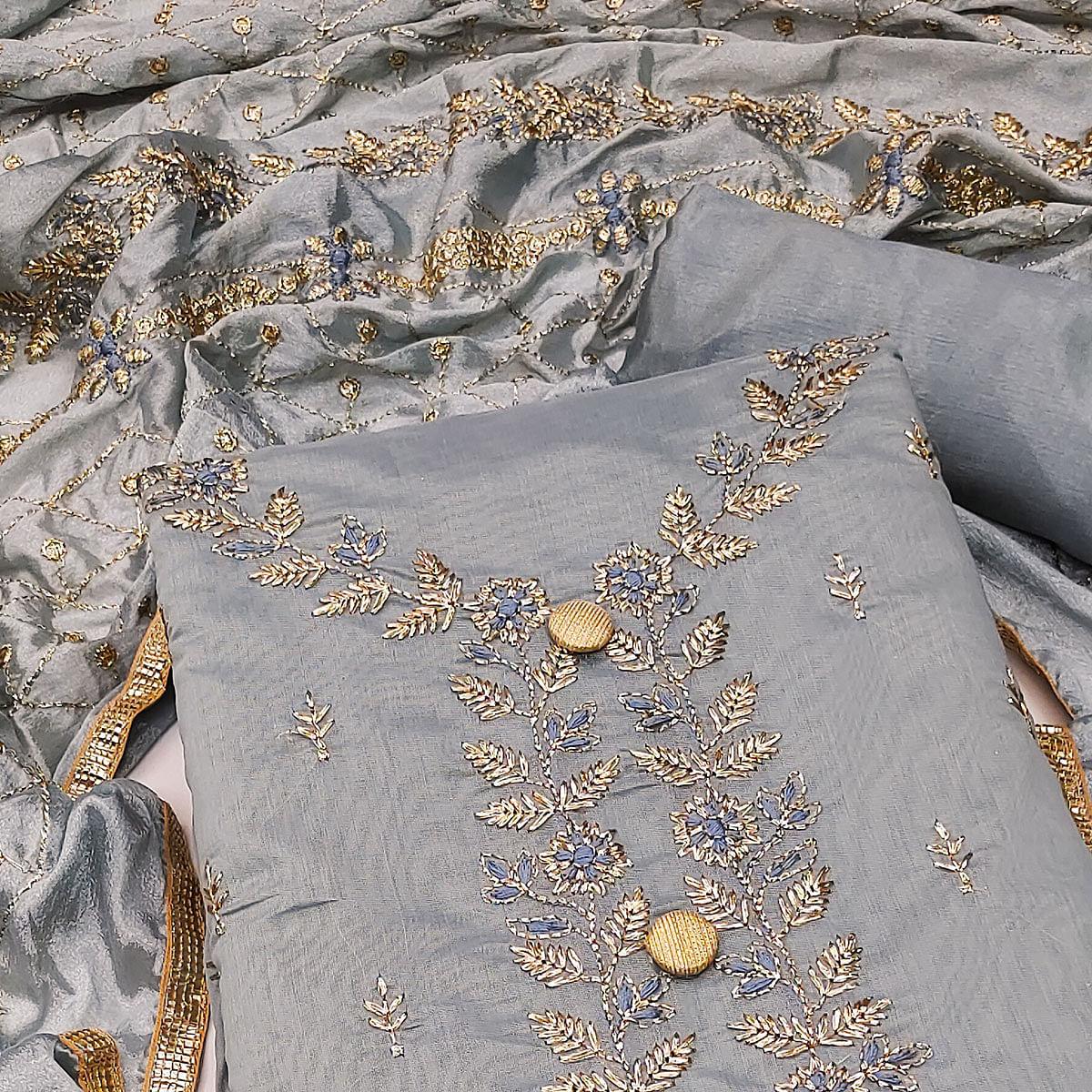 Grey Festive Wear Embroidered Chanderi Dress Material - Peachmode