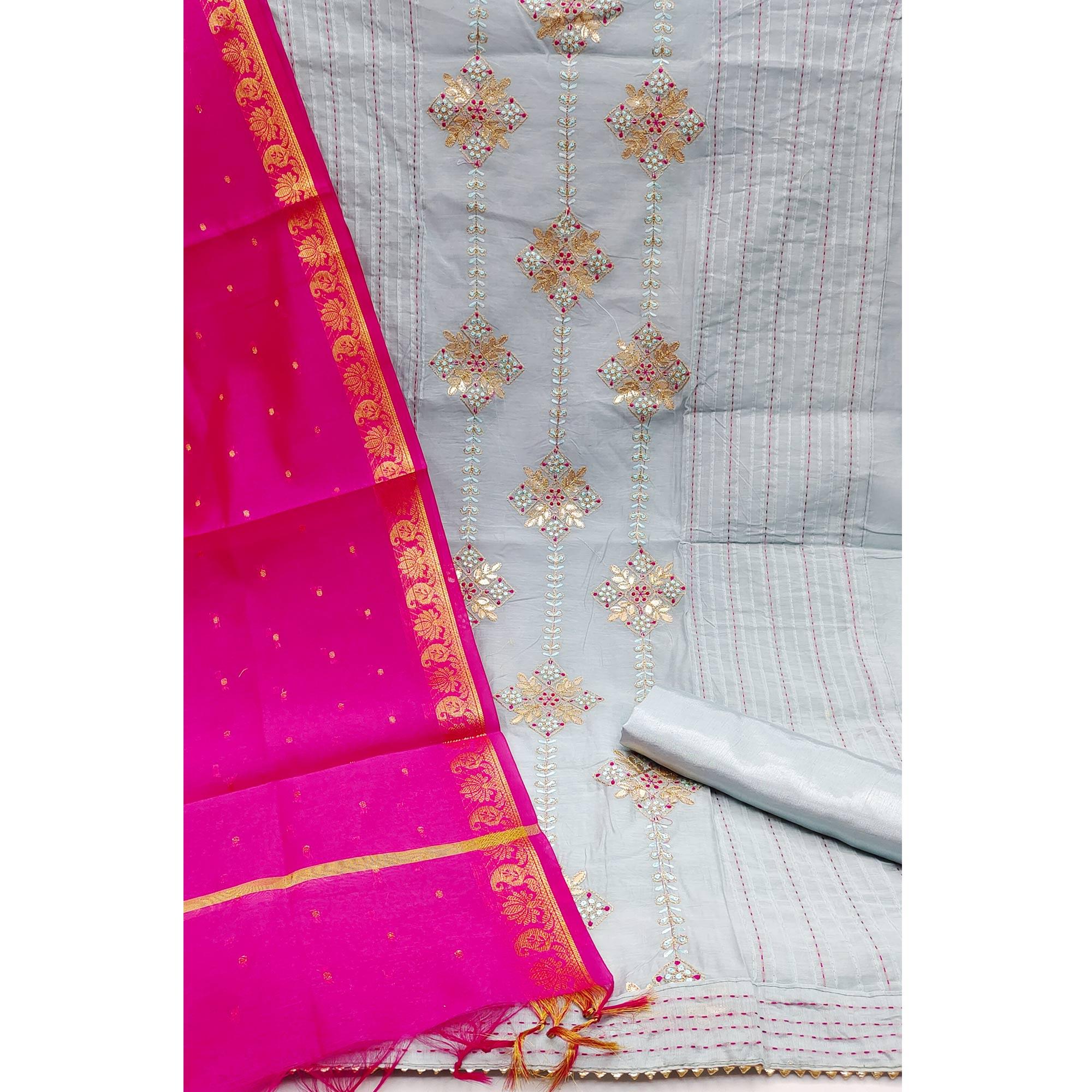 Grey Festive Wear Embroidered Chanderi Dress Material - Peachmode