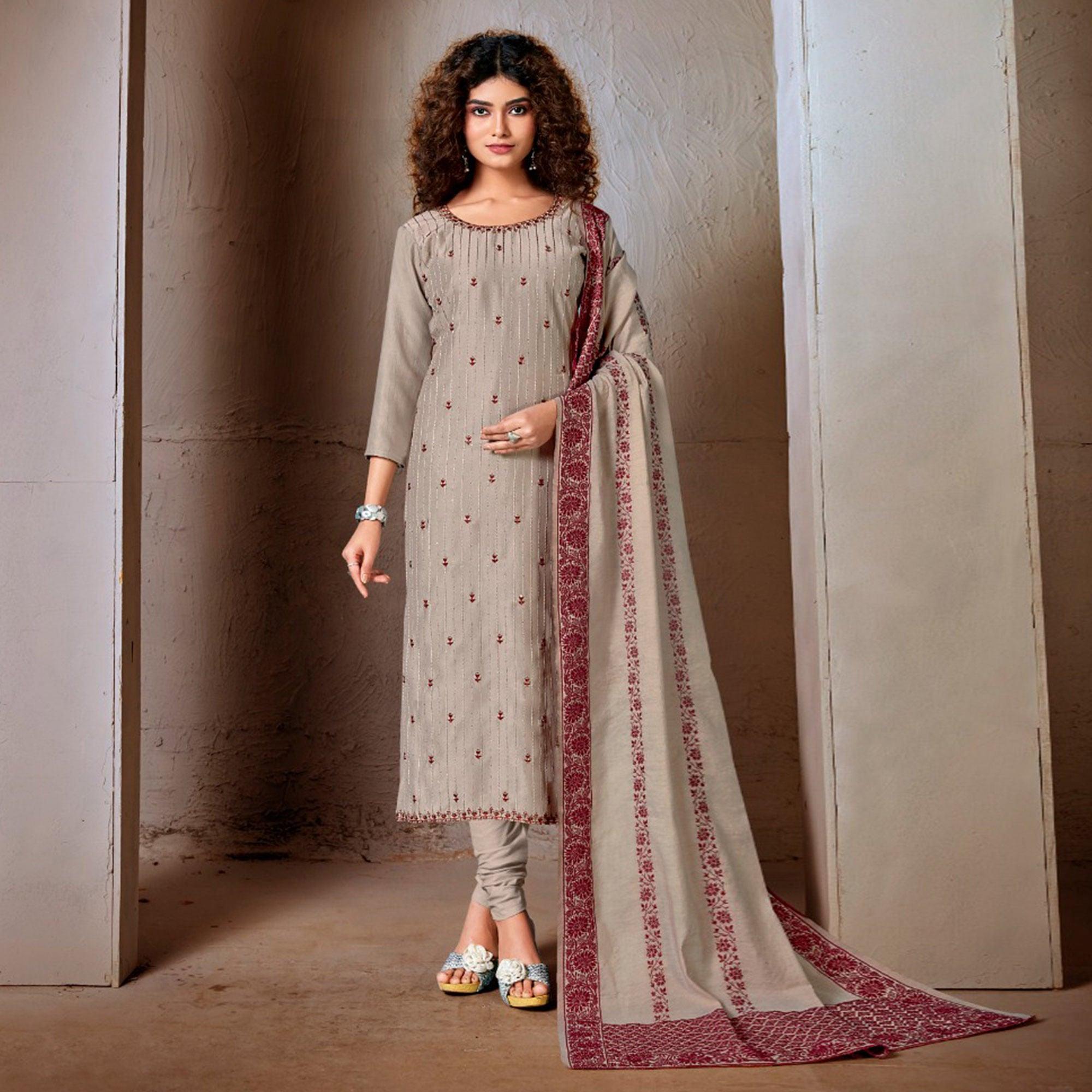 Grey Festive Wear Embroidered Chanderi Suit - Peachmode