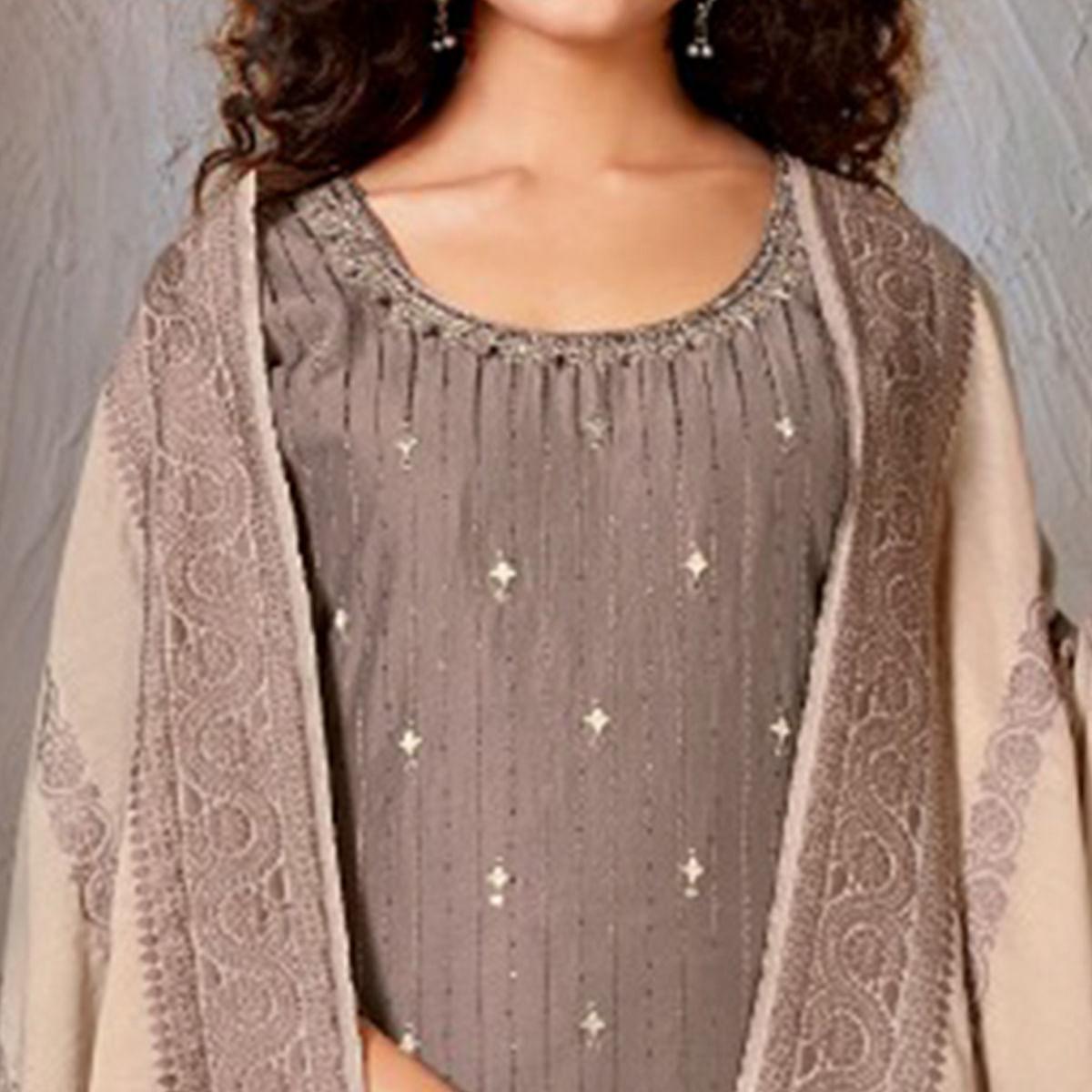 Grey Festive Wear Embroidered Chanderi Suit - Peachmode