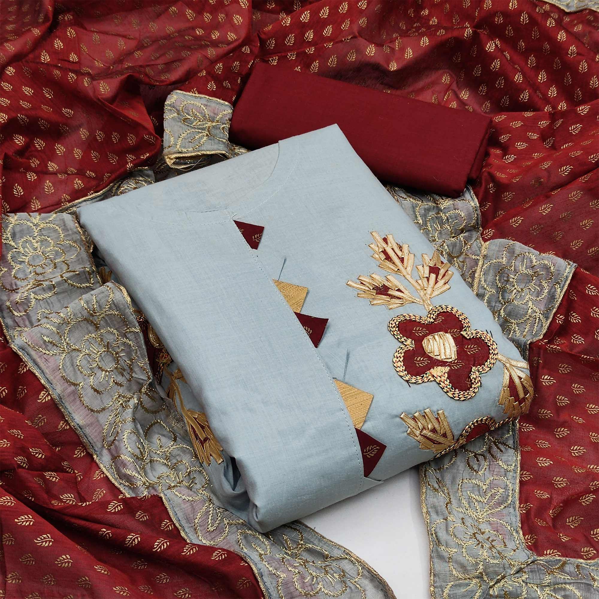 Grey Festive Wear Embroidered Cotton Dress Material - Peachmode