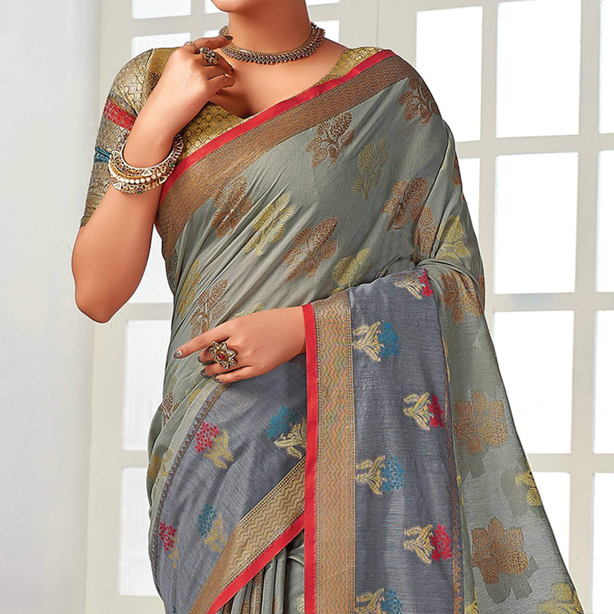 Grey Festive Wear Embroidered Cotton Handloom Saree - Peachmode