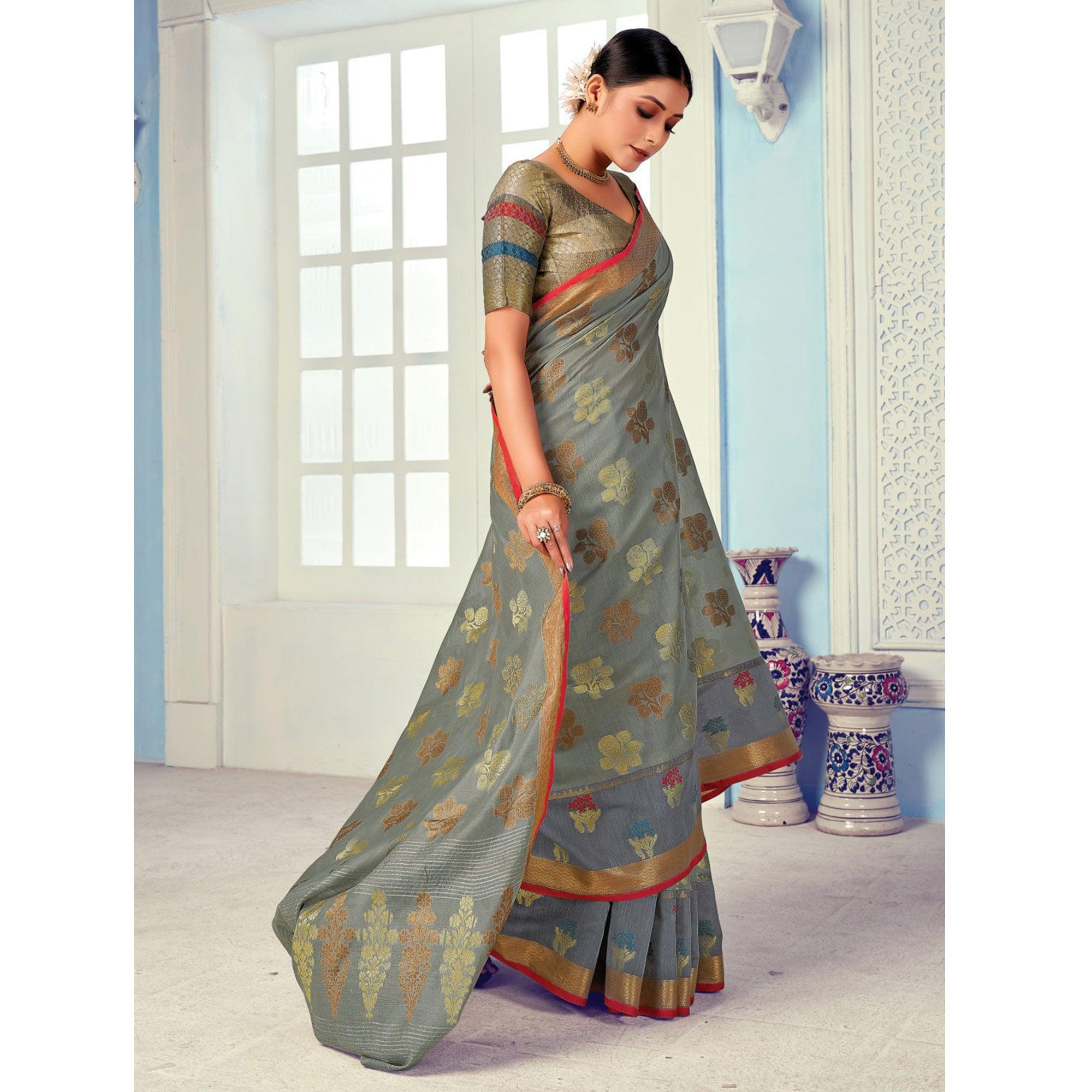 Grey Festive Wear Embroidered Cotton Handloom Saree - Peachmode