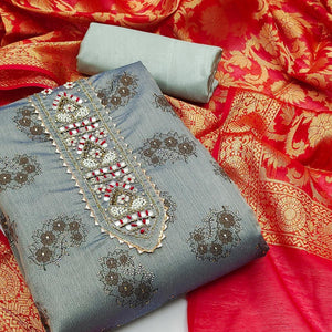 Grey Festive Wear Embroidered Floral Printed Chanderi Dress Material - Peachmode