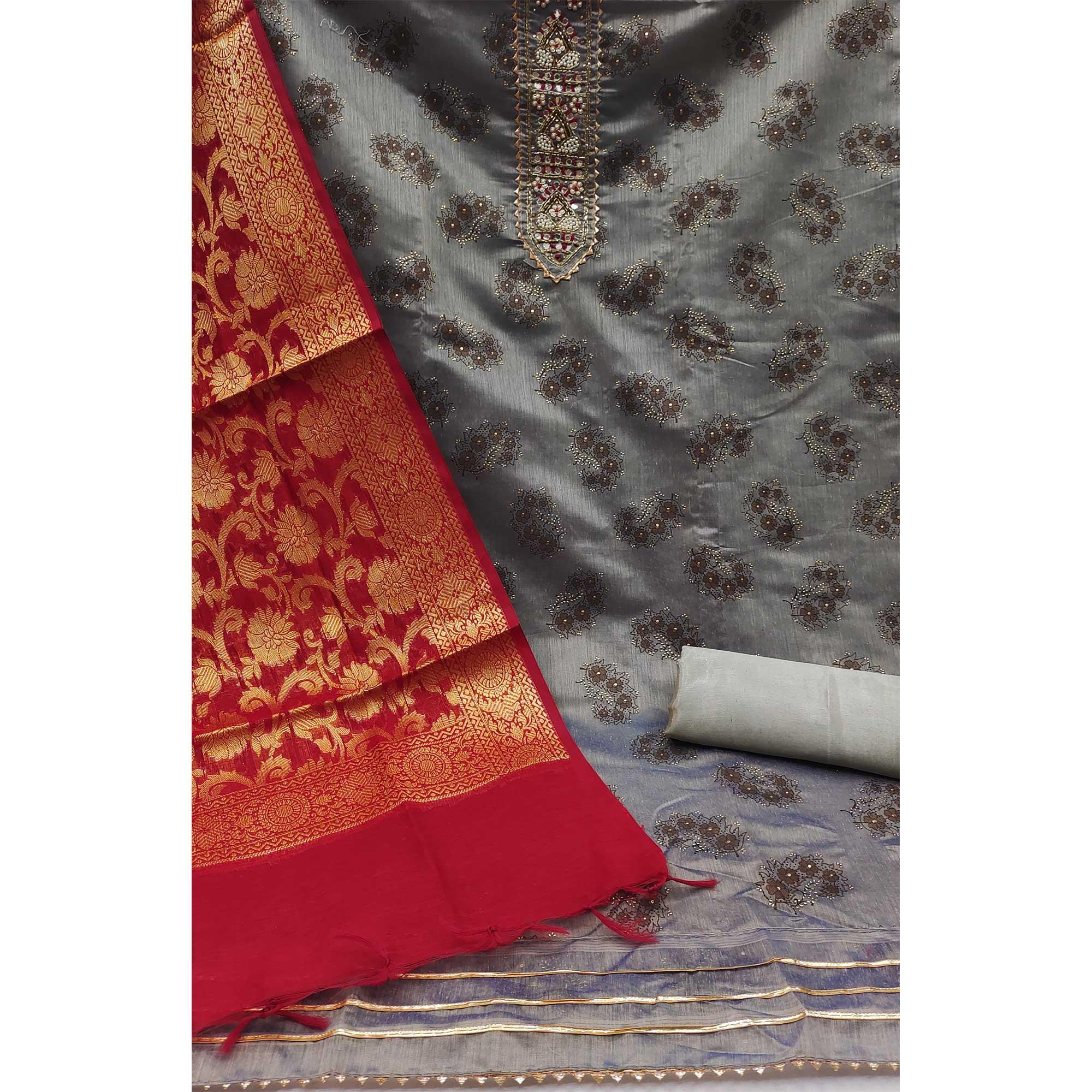 Grey Festive Wear Embroidered Floral Printed Chanderi Dress Material - Peachmode