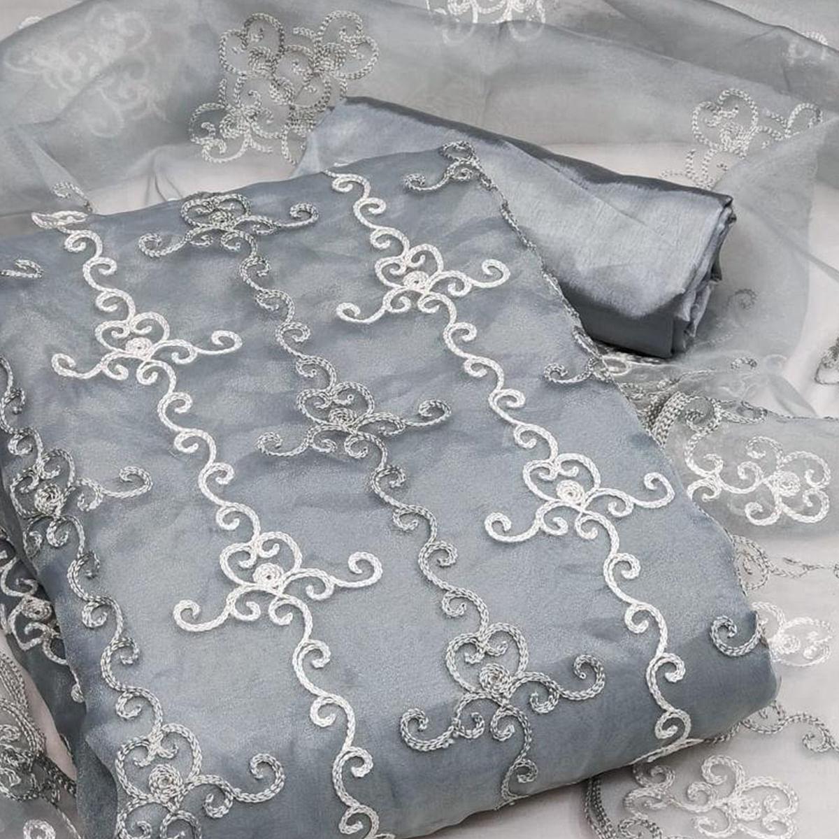 Grey Festive Wear Embroidered Organza Dress Material - Peachmode