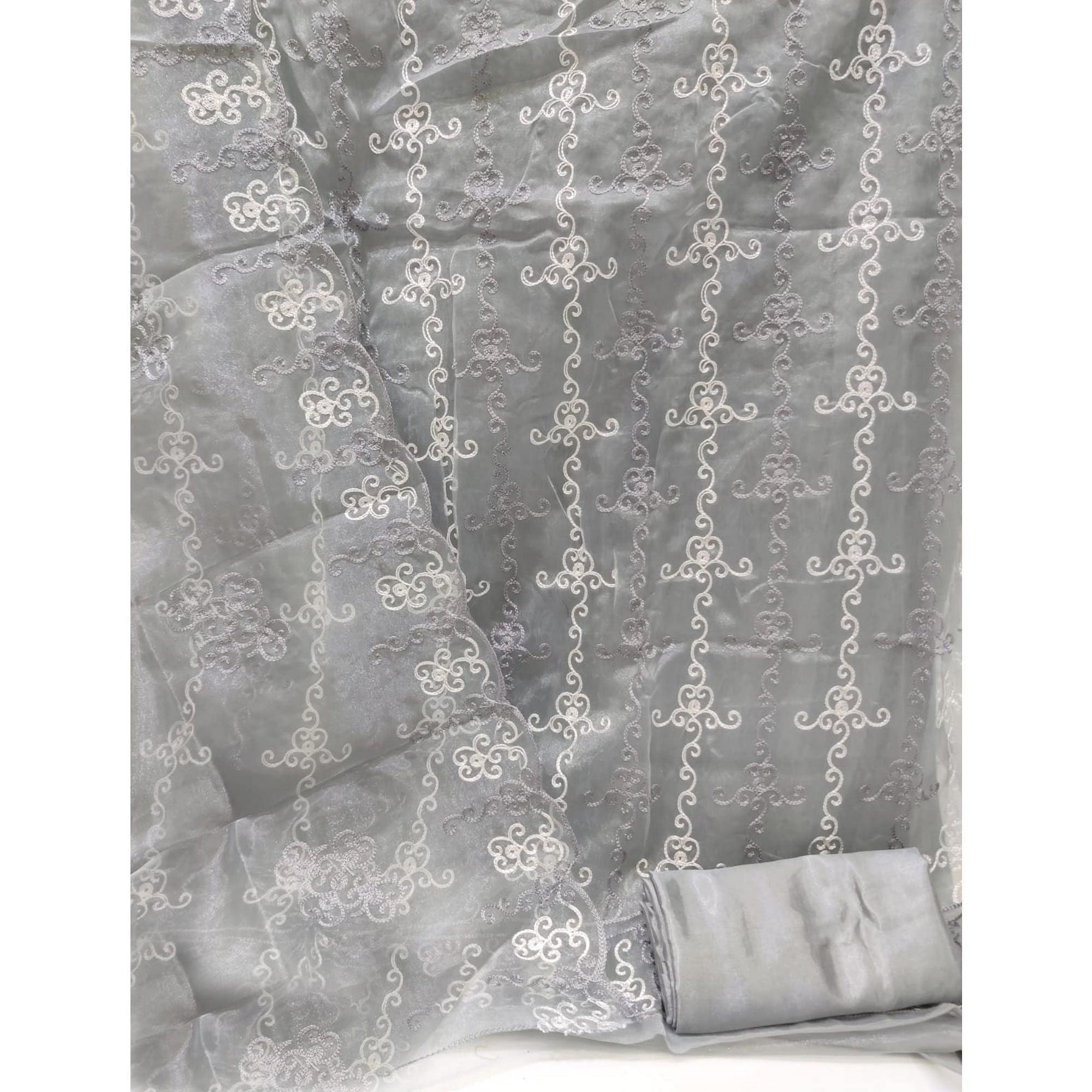 Grey Festive Wear Embroidered Organza Dress Material - Peachmode