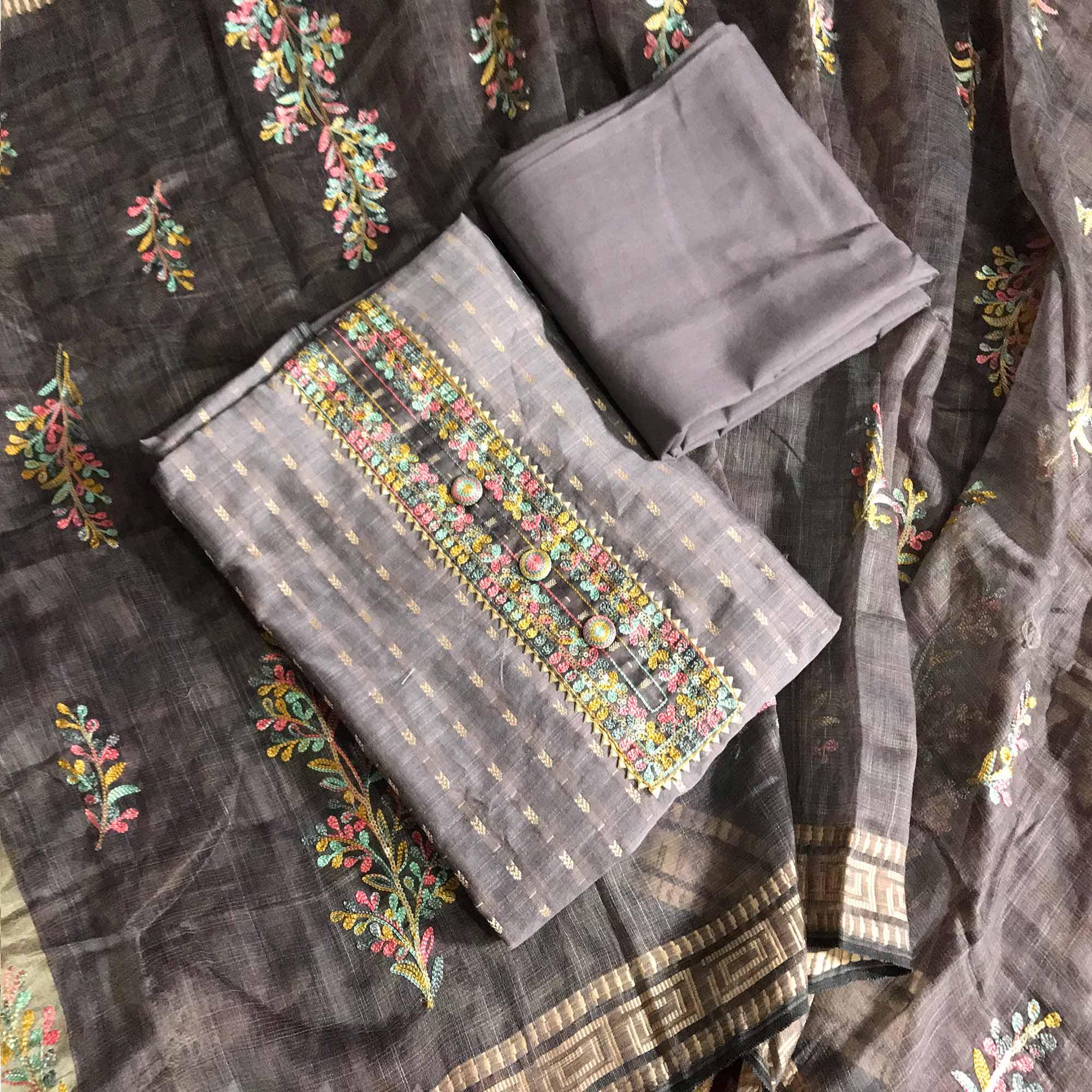 Grey Festive Wear Embroidered Silk Cotton Dress Material - Peachmode