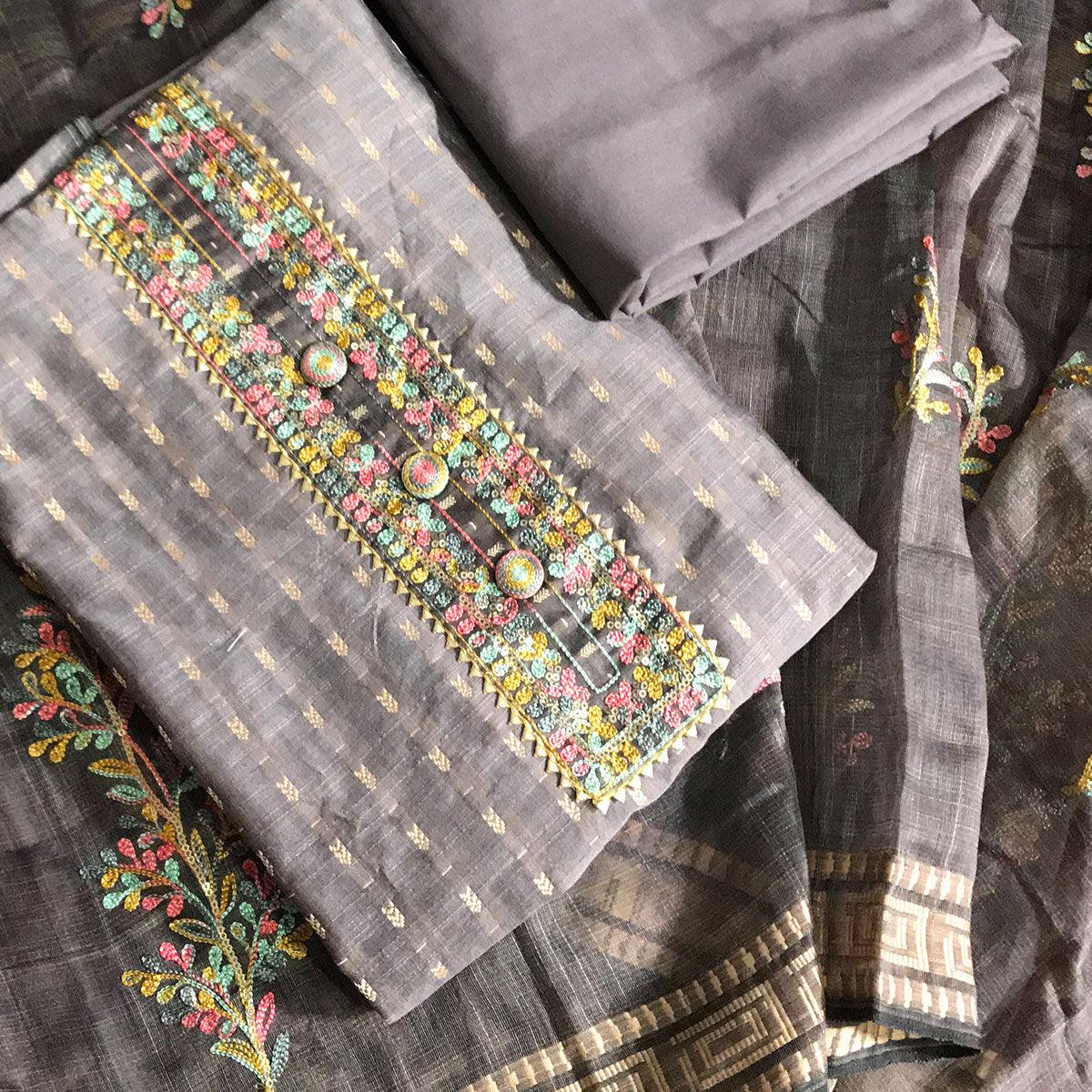 Grey Festive Wear Embroidered Silk Cotton Dress Material - Peachmode