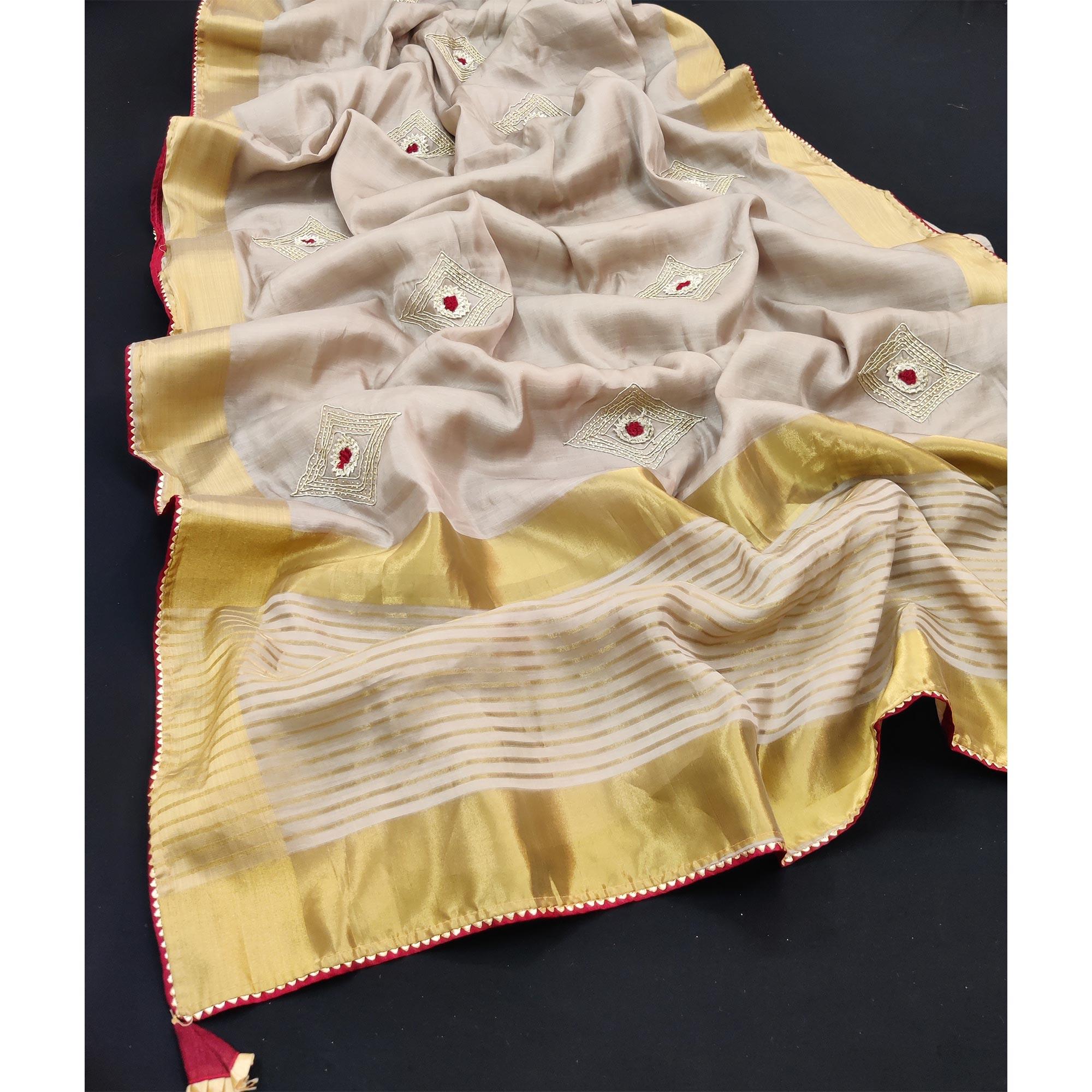 Grey Festive Wear Embroidered With Woven Soft Silk Saree - Peachmode