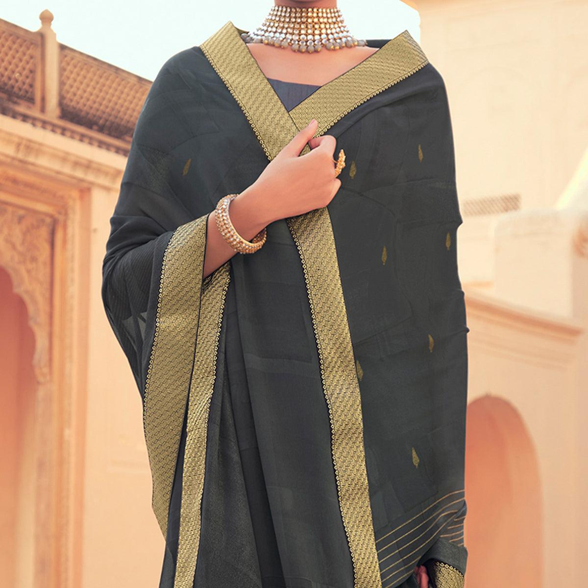 Grey Festive Wear Fancy Smoke Printed Georgette Saree Fancy Lace - Peachmode