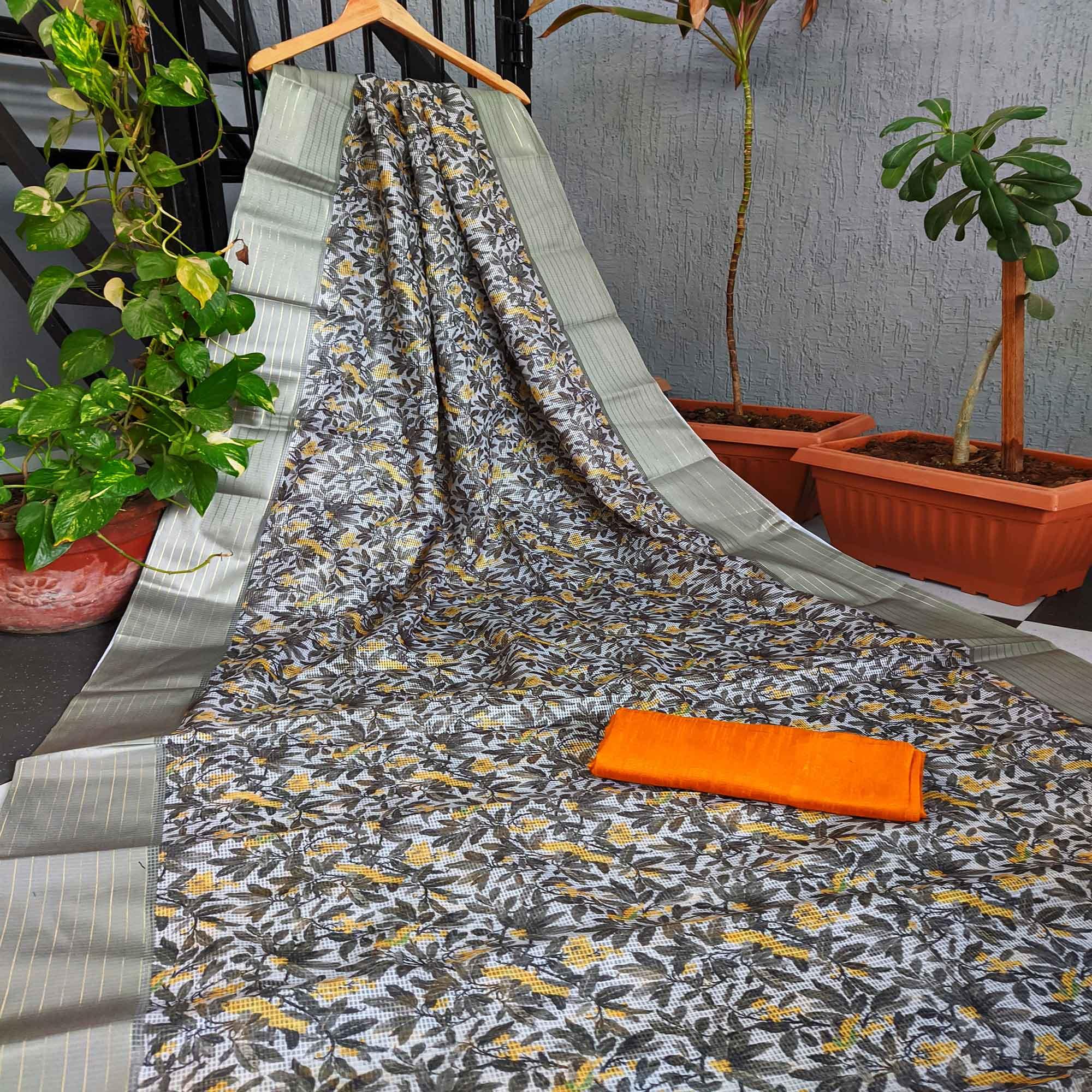 Grey Festive Wear Floral Digital Print With Woven Border Silk Saree - Peachmode