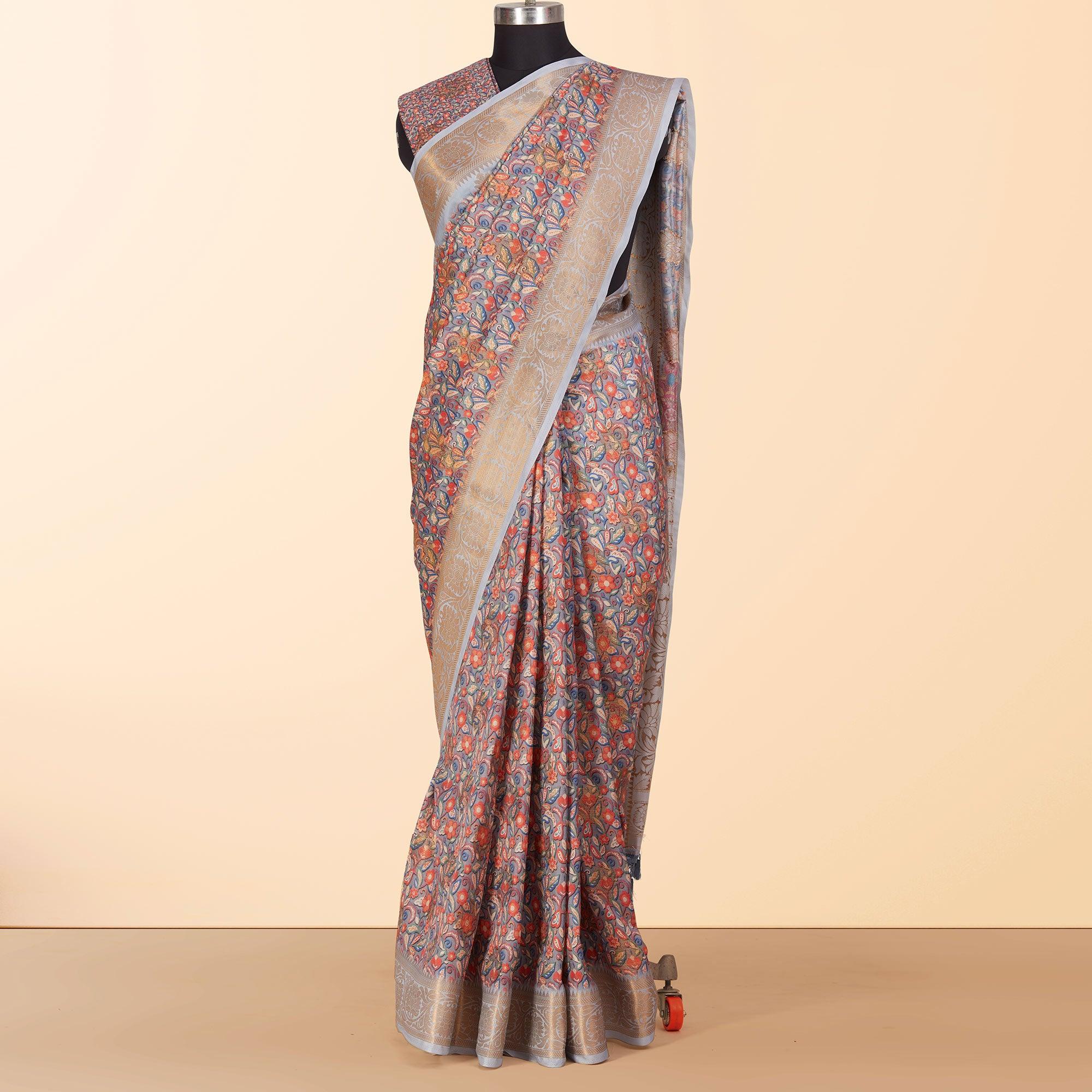 Grey Festive Wear Floral Digital Printed Woven Silk Saree - Peachmode