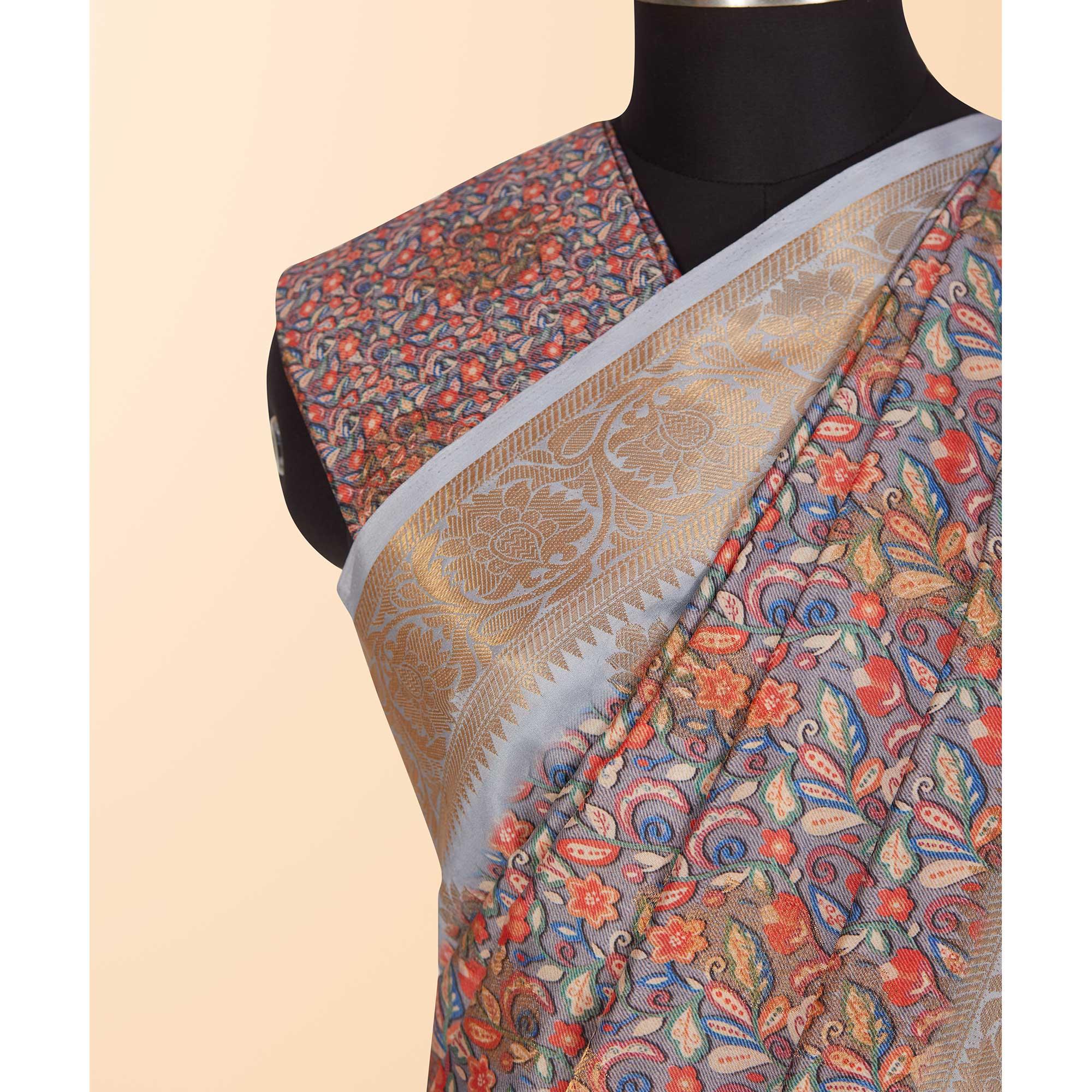 Grey Festive Wear Floral Digital Printed Woven Silk Saree - Peachmode