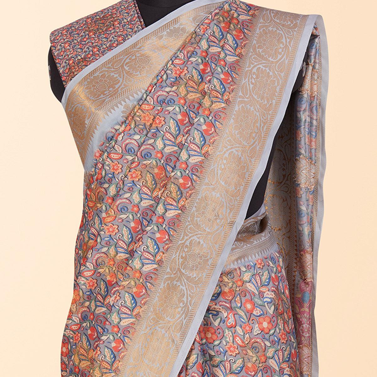 Grey Festive Wear Floral Digital Printed Woven Silk Saree - Peachmode