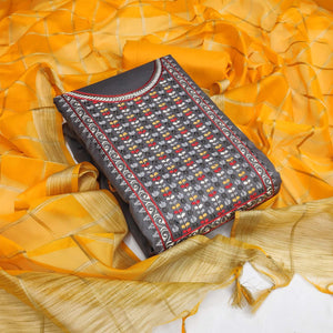 Grey Festive Wear Floral Embroidered Cotton Dress Material - Peachmode