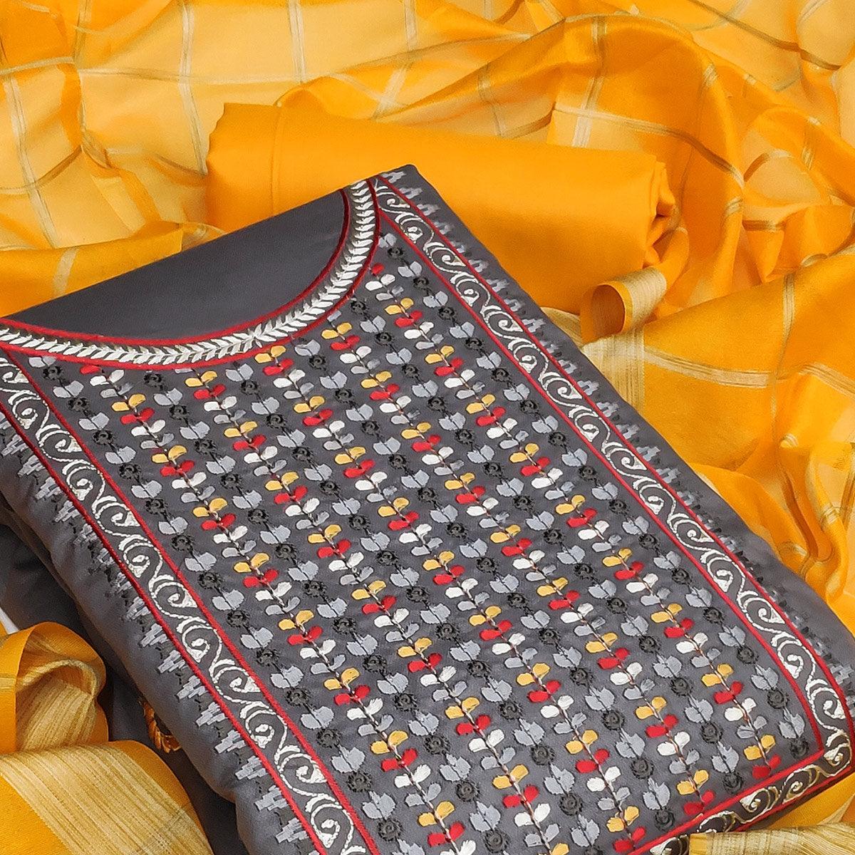 Grey Festive Wear Floral Embroidered Cotton Dress Material - Peachmode