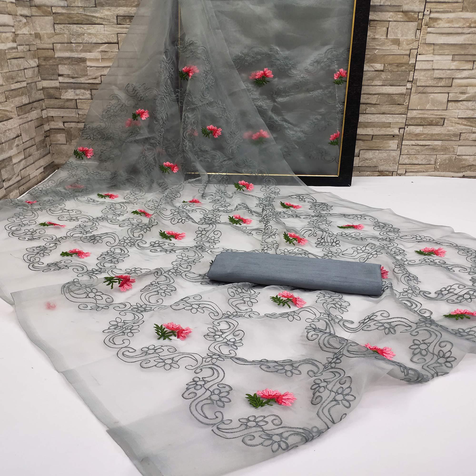 Grey Festive Wear Floral Embroidered Organza Saree - Peachmode