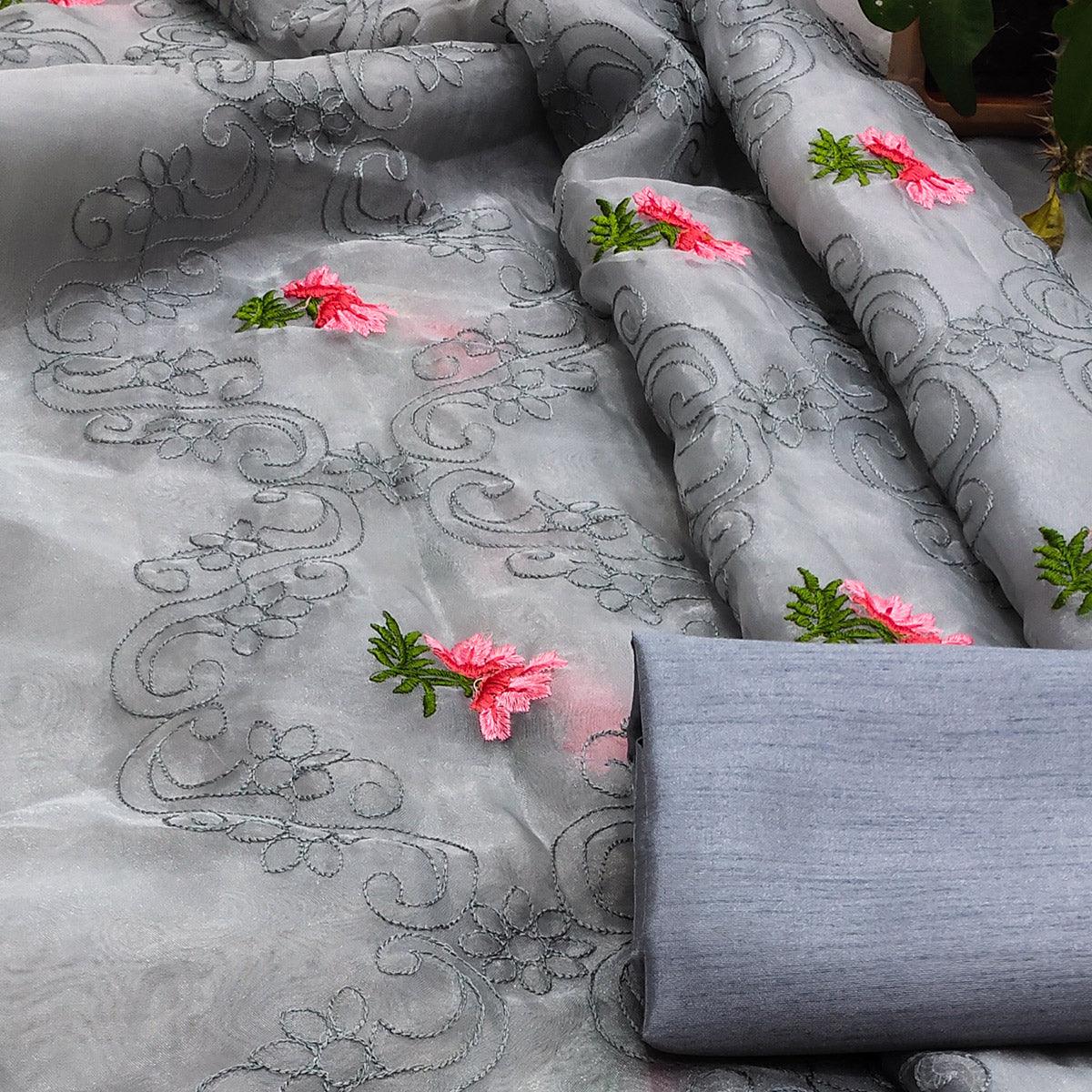 Grey Festive Wear Floral Embroidered Organza Saree - Peachmode
