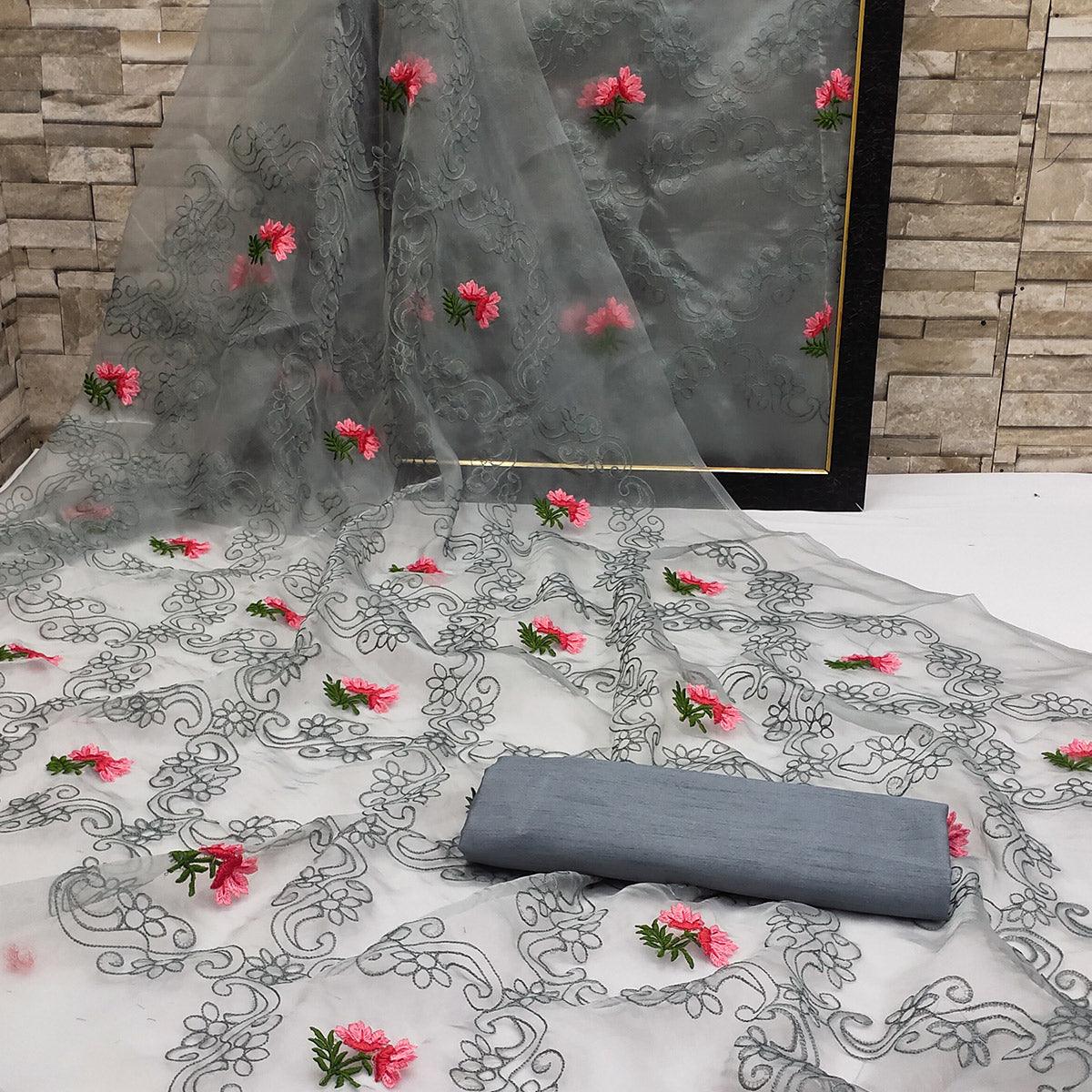 Grey Festive Wear Floral Embroidered Organza Saree - Peachmode