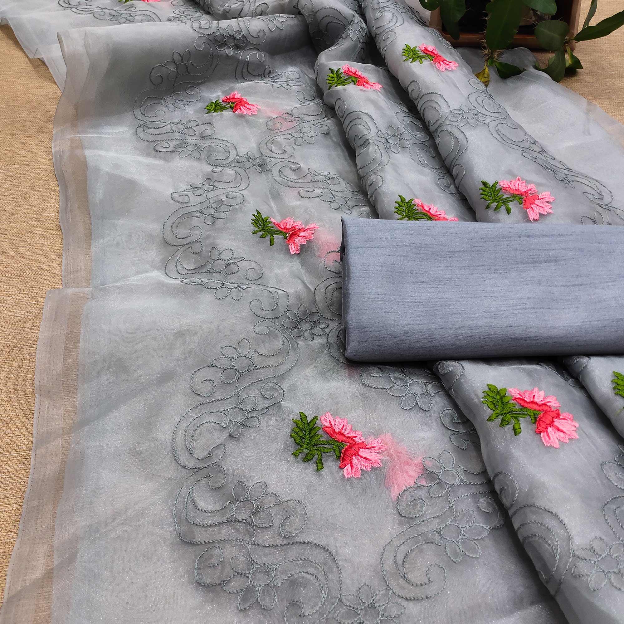 Grey Festive Wear Floral Embroidered Organza Saree - Peachmode