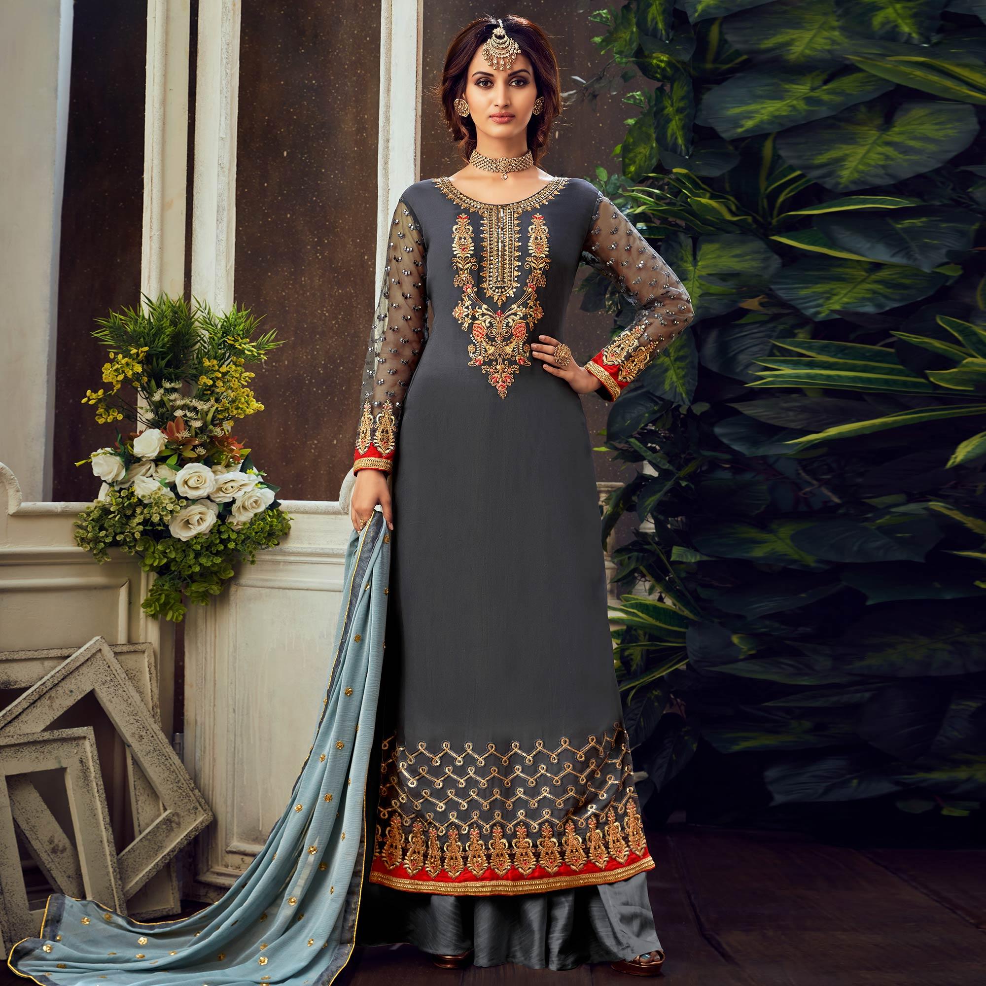 Grey Festive Wear Floral Embroidered Pure Georgette Suit - Peachmode