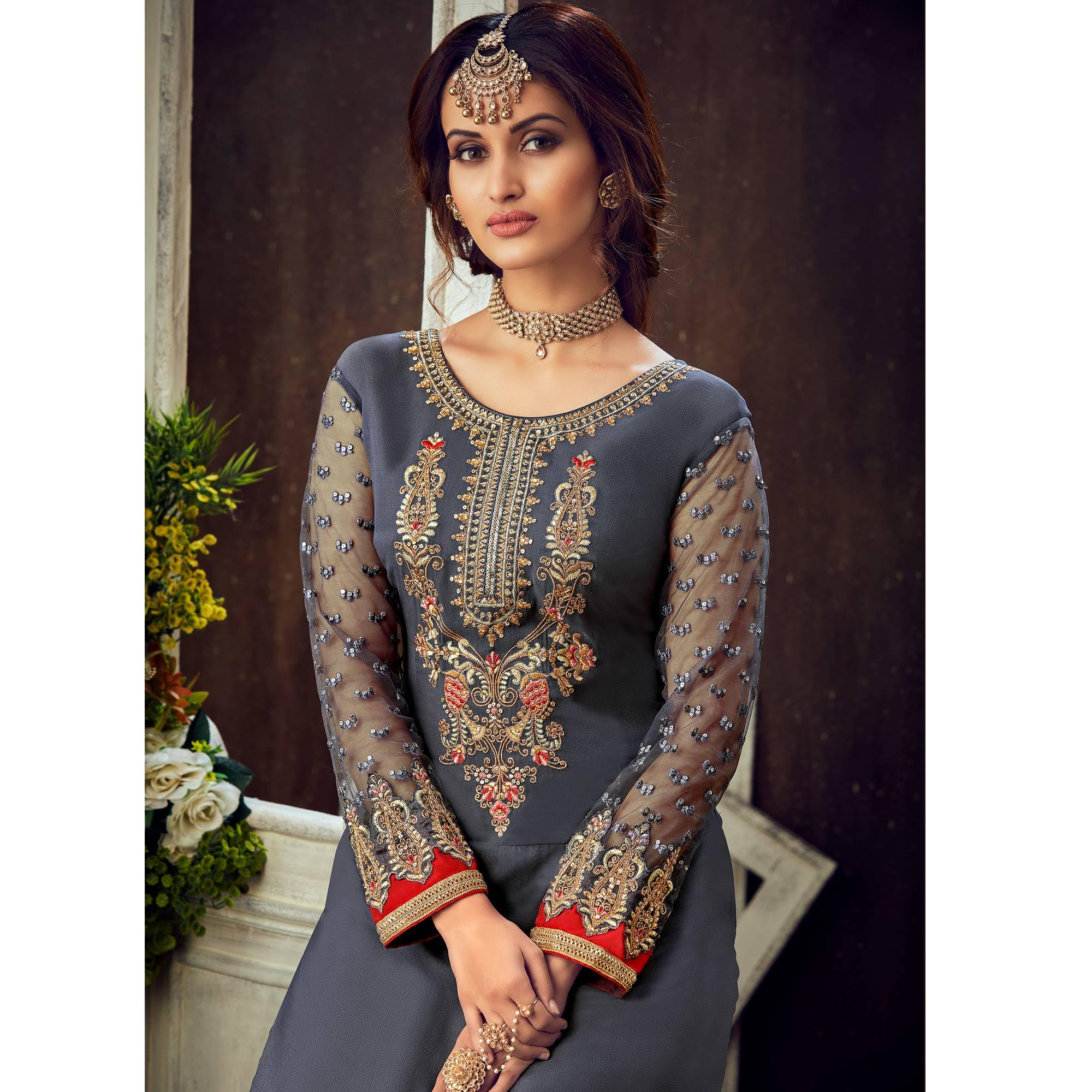 Grey Festive Wear Floral Embroidered Pure Georgette Suit - Peachmode