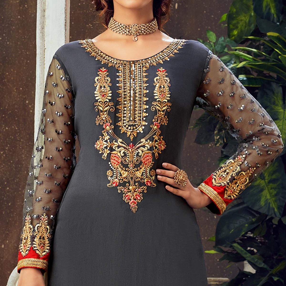 Grey Festive Wear Floral Embroidered Pure Georgette Suit - Peachmode