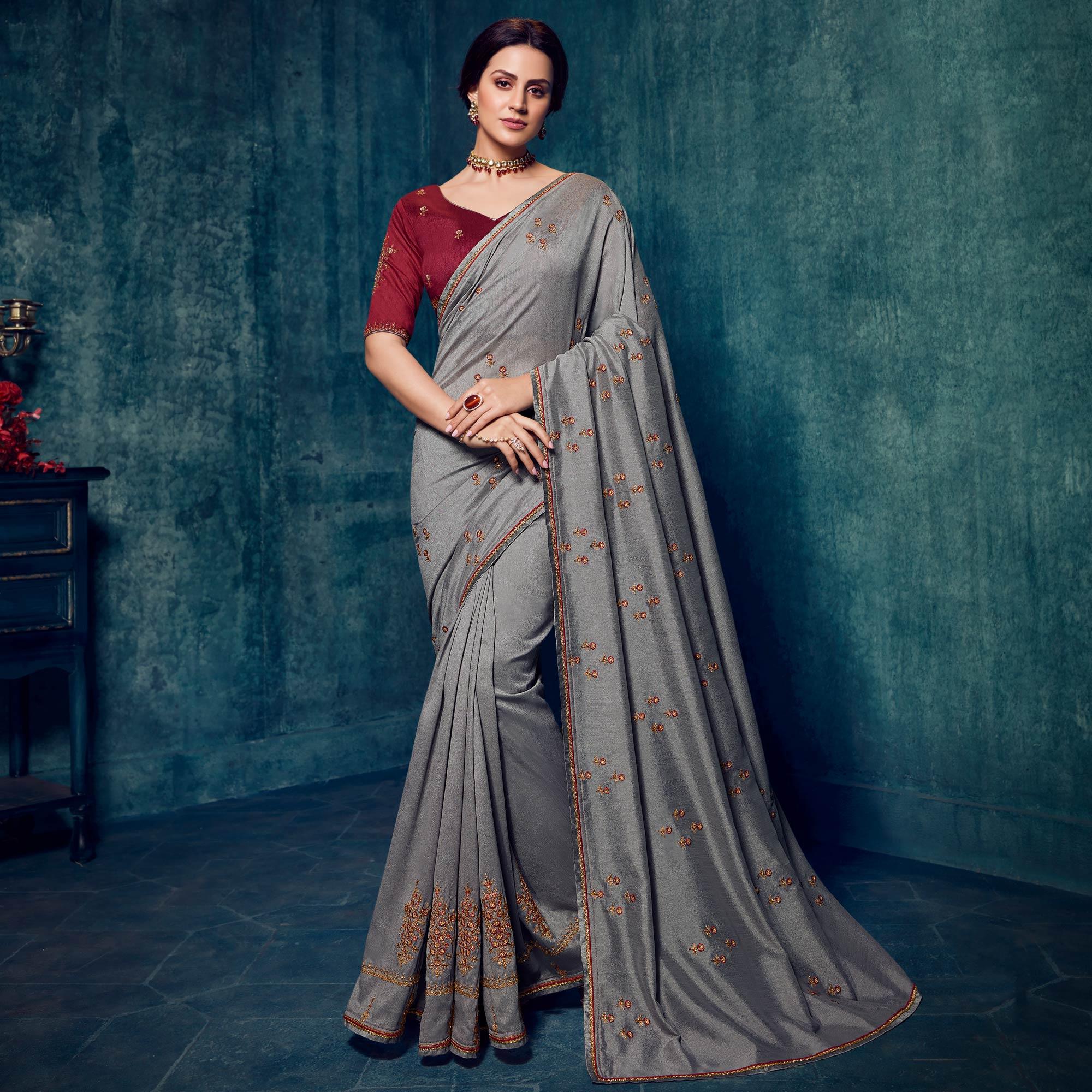 Grey Festive Wear Floral Embroidered Silk Saree - Peachmode