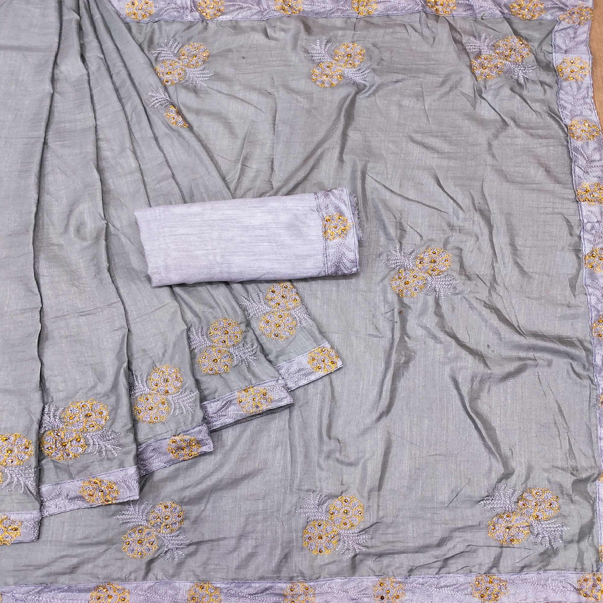 Grey Festive Wear Floral Embroidered Silk Saree - Peachmode