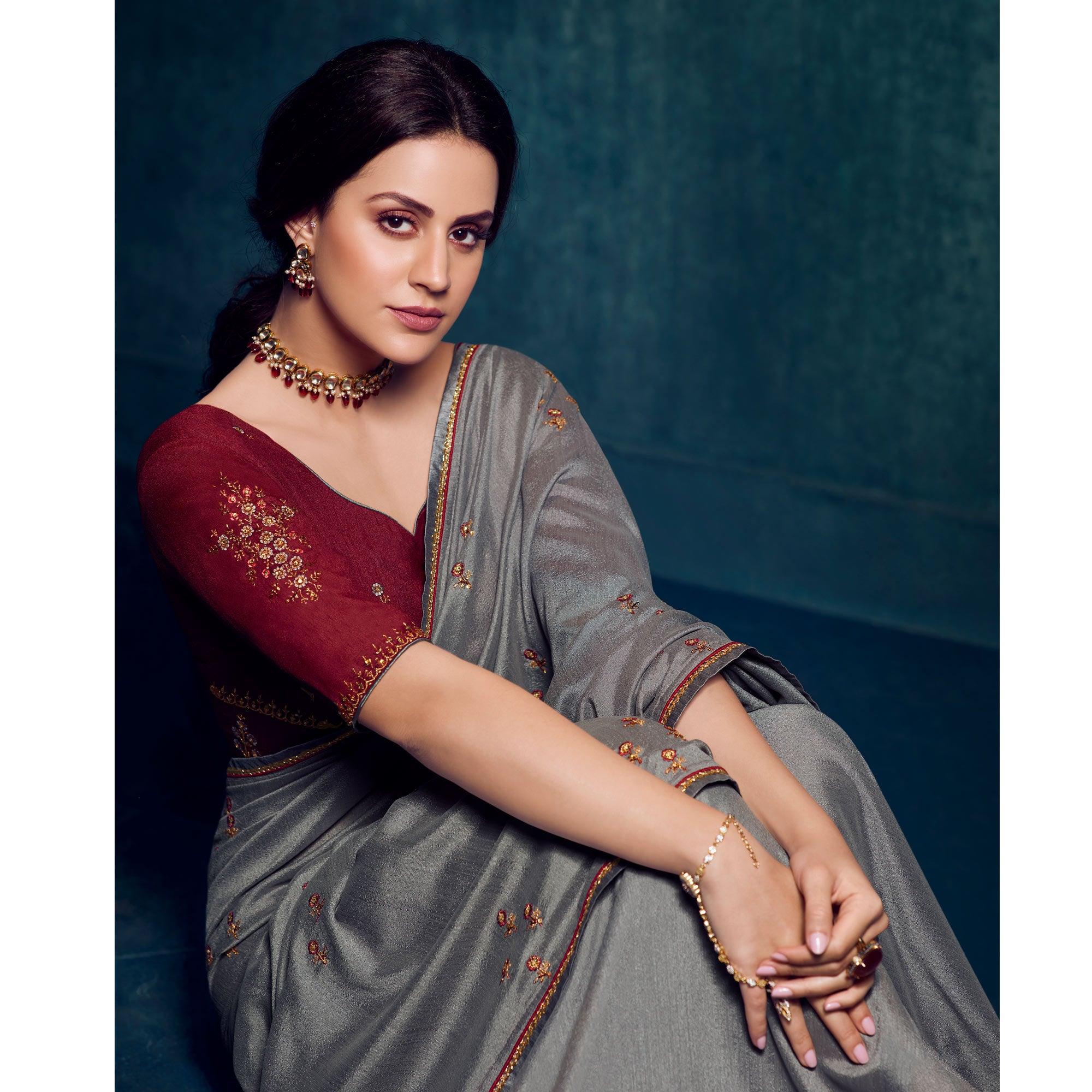 Grey Festive Wear Floral Embroidered Silk Saree - Peachmode