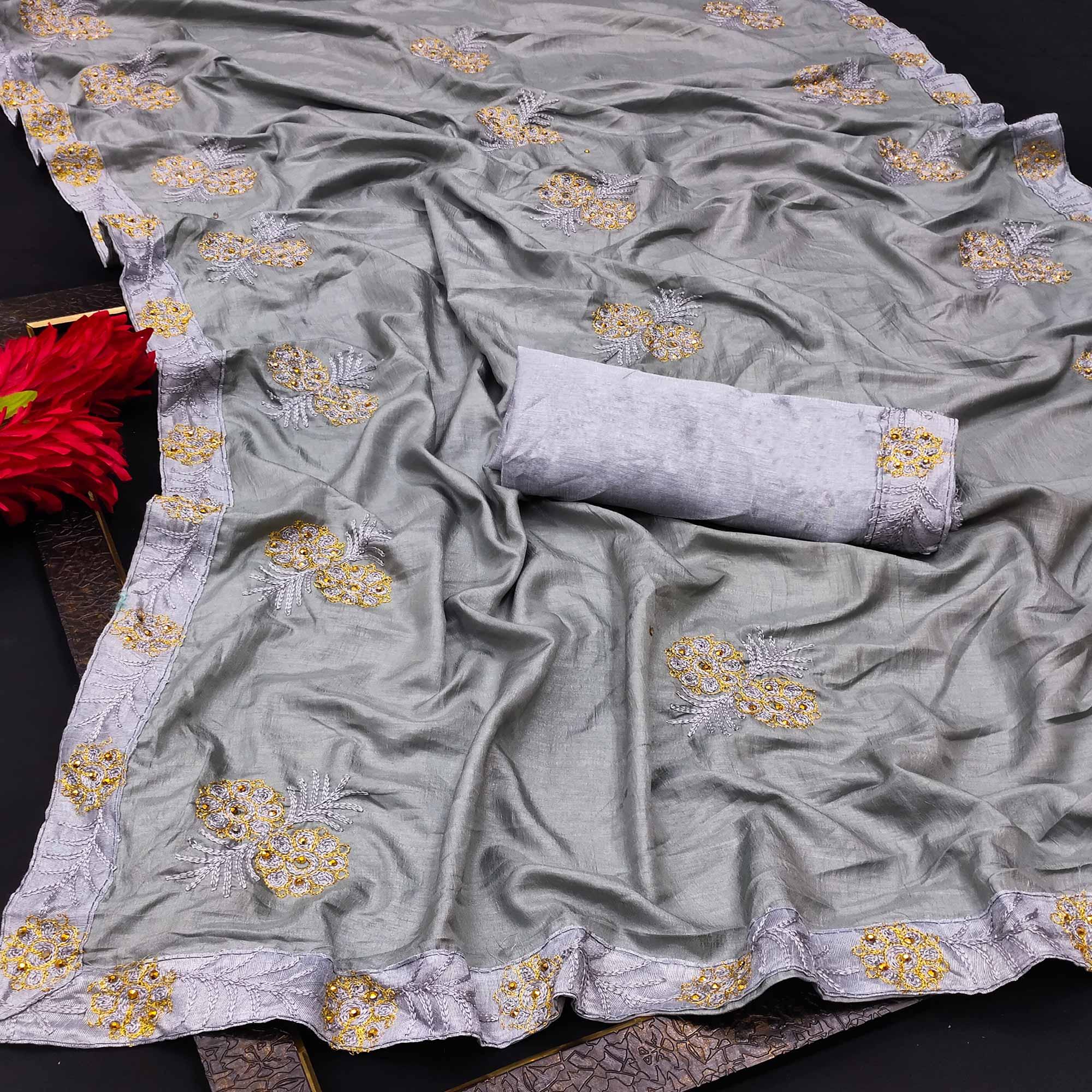 Grey Festive Wear Floral Embroidered Silk Saree - Peachmode