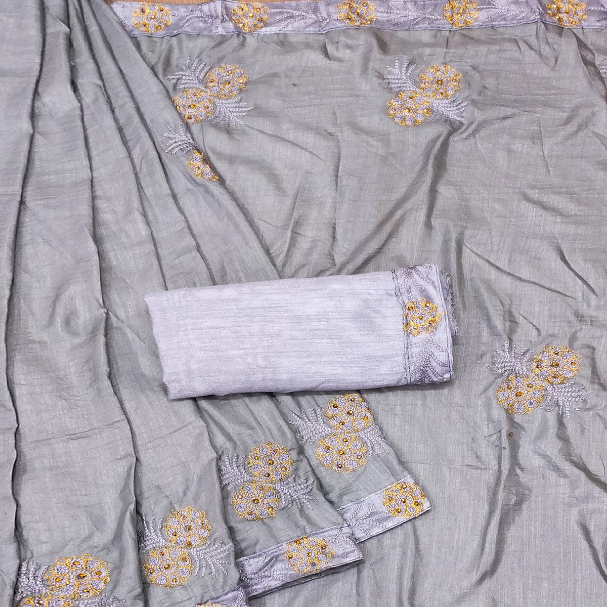 Grey Festive Wear Floral Embroidered Silk Saree - Peachmode