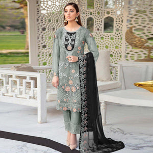 Grey Festive Wear Floral Embroidered Straight Style Faux Georgette Palazzo Suit - Peachmode