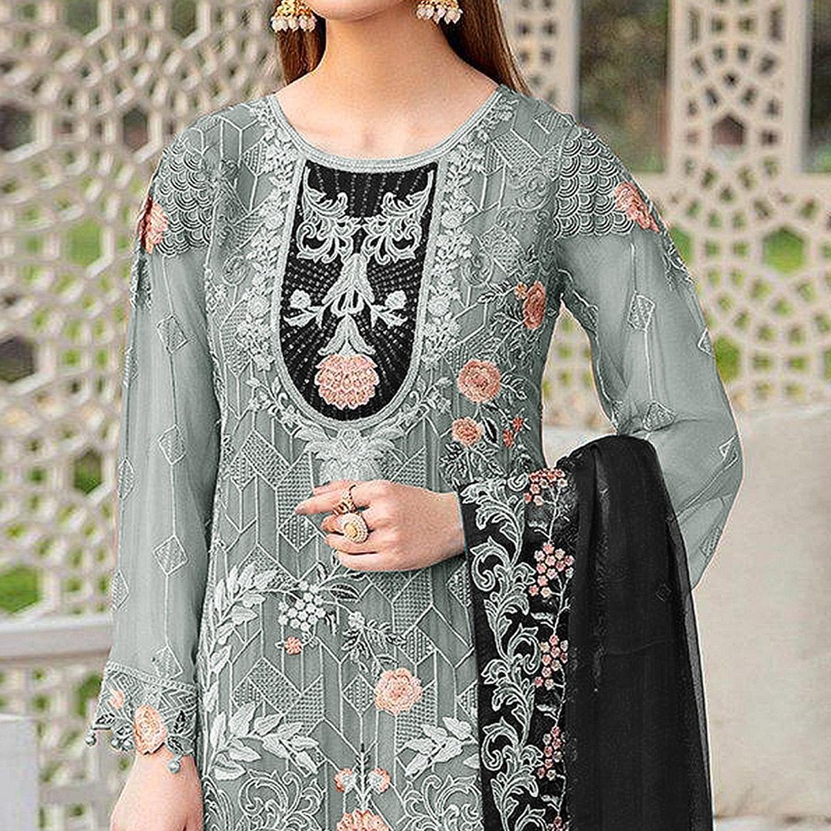 Grey Festive Wear Floral Embroidered Straight Style Faux Georgette Palazzo Suit - Peachmode