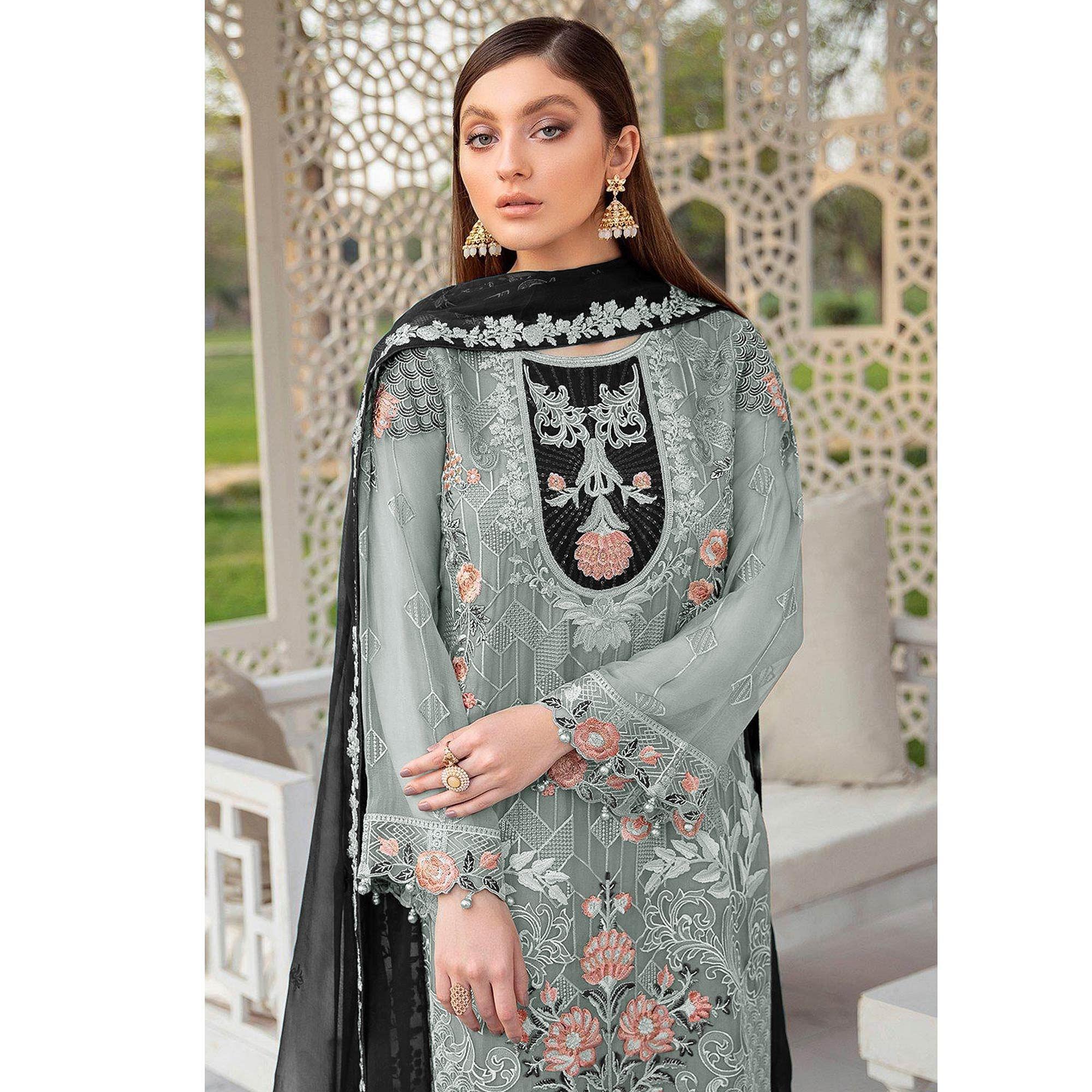 Grey Festive Wear Floral Embroidered Straight Style Faux Georgette Palazzo Suit - Peachmode