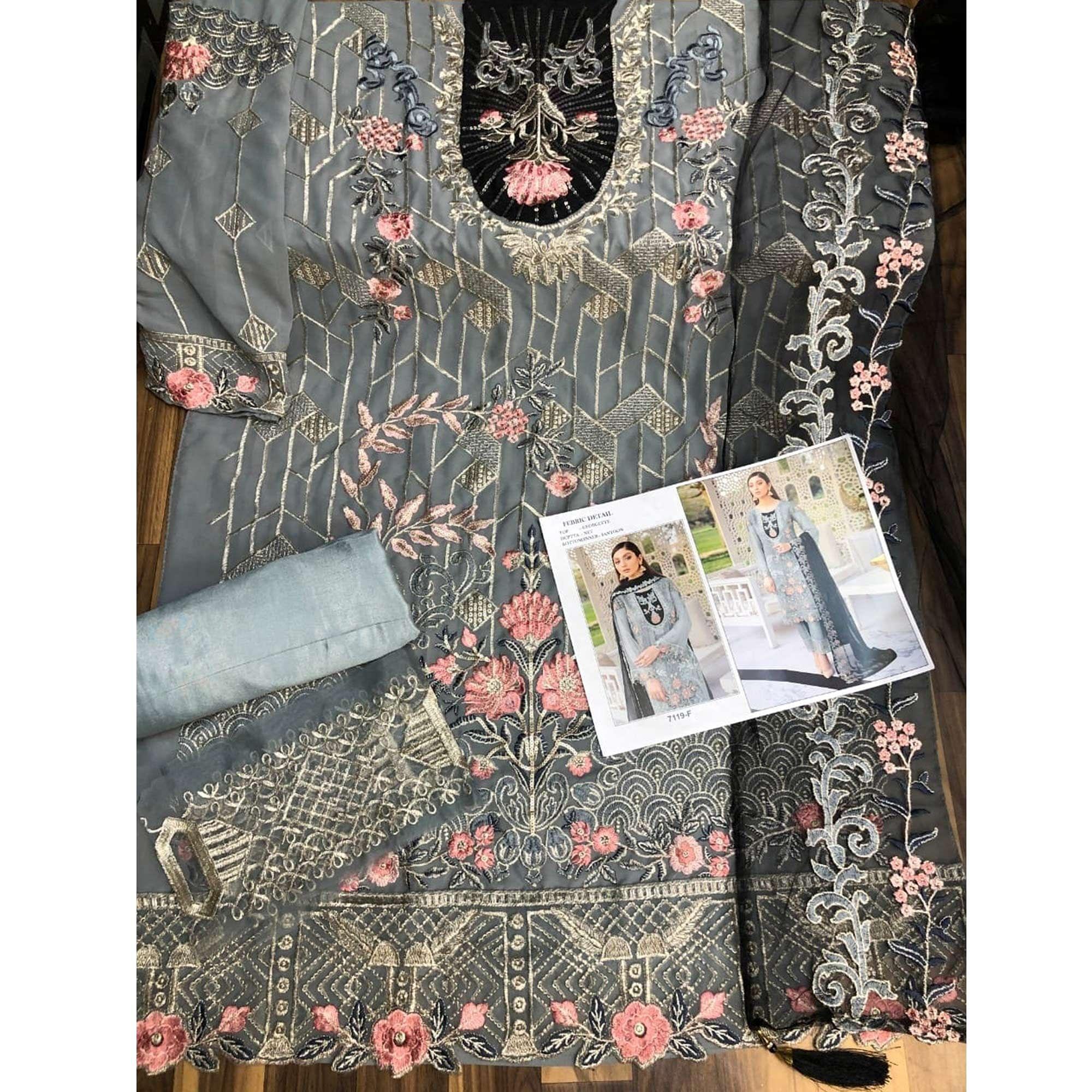 Grey Festive Wear Floral Embroidered Straight Style Faux Georgette Palazzo Suit - Peachmode