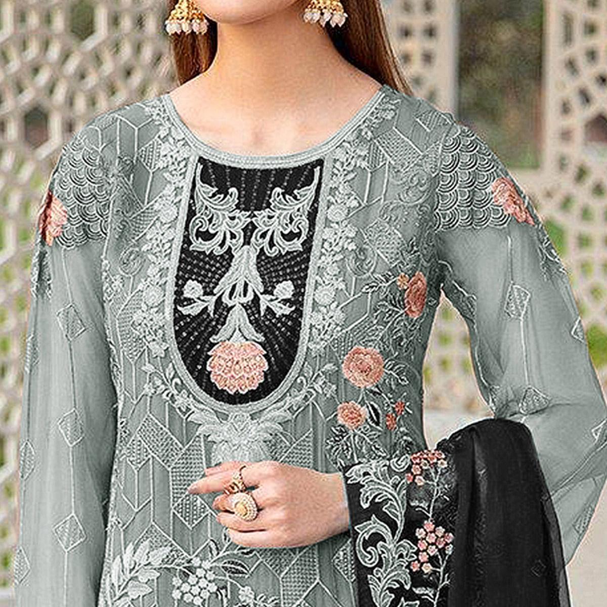 Grey Festive Wear Floral Embroidered Straight Style Faux Georgette Palazzo Suit - Peachmode