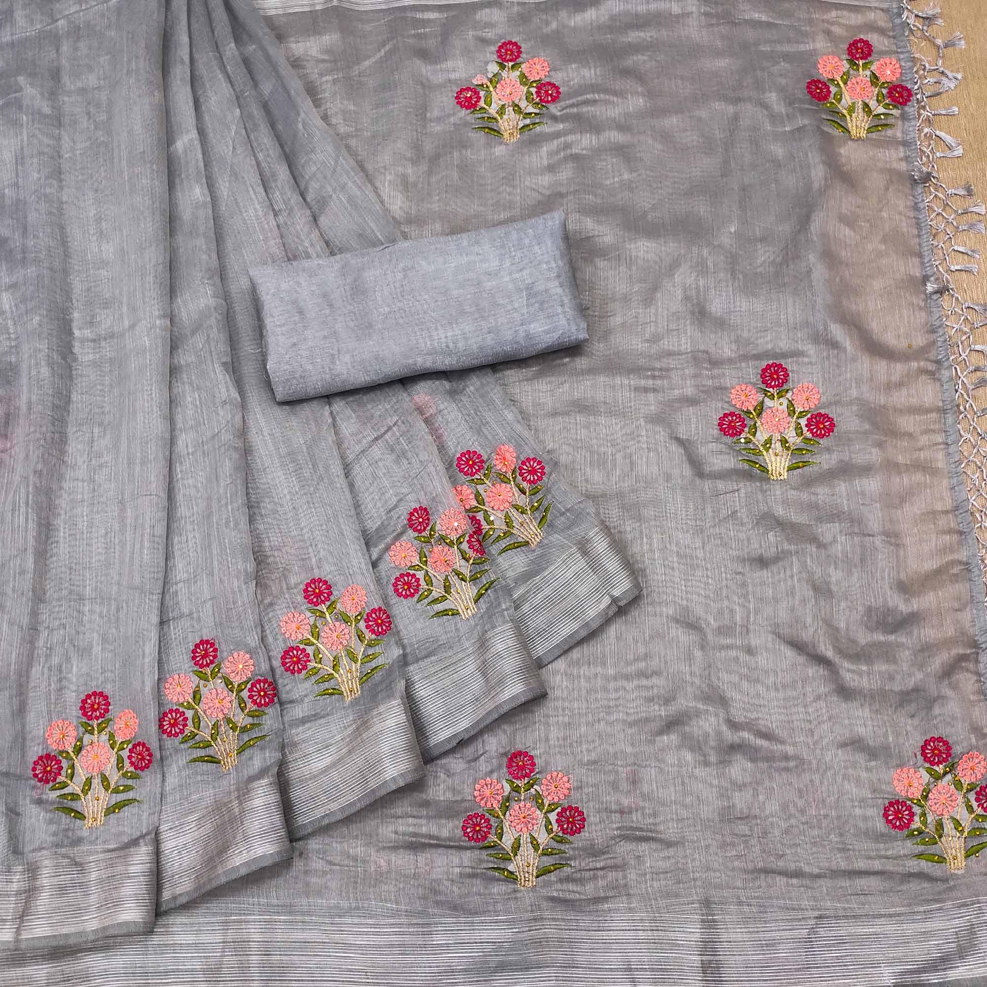 Grey Festive Wear Floral Embroidered With Embellished Cotton Saree - Peachmode
