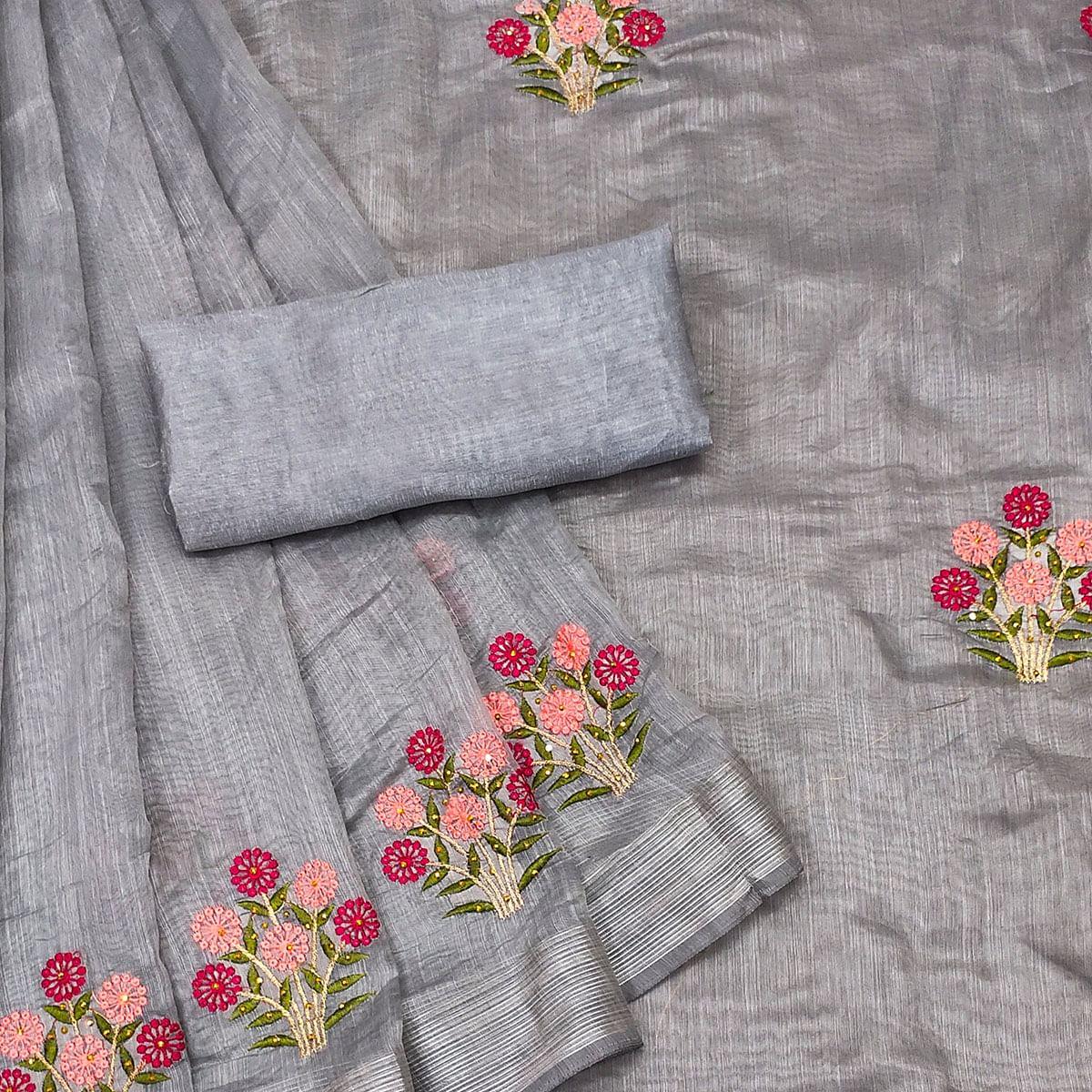 Grey Festive Wear Floral Embroidered With Embellished Cotton Saree - Peachmode