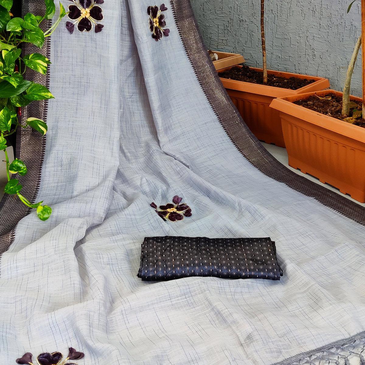 Grey Festive Wear Floral Embroiderey Woven Border Cotton Saree - Peachmode