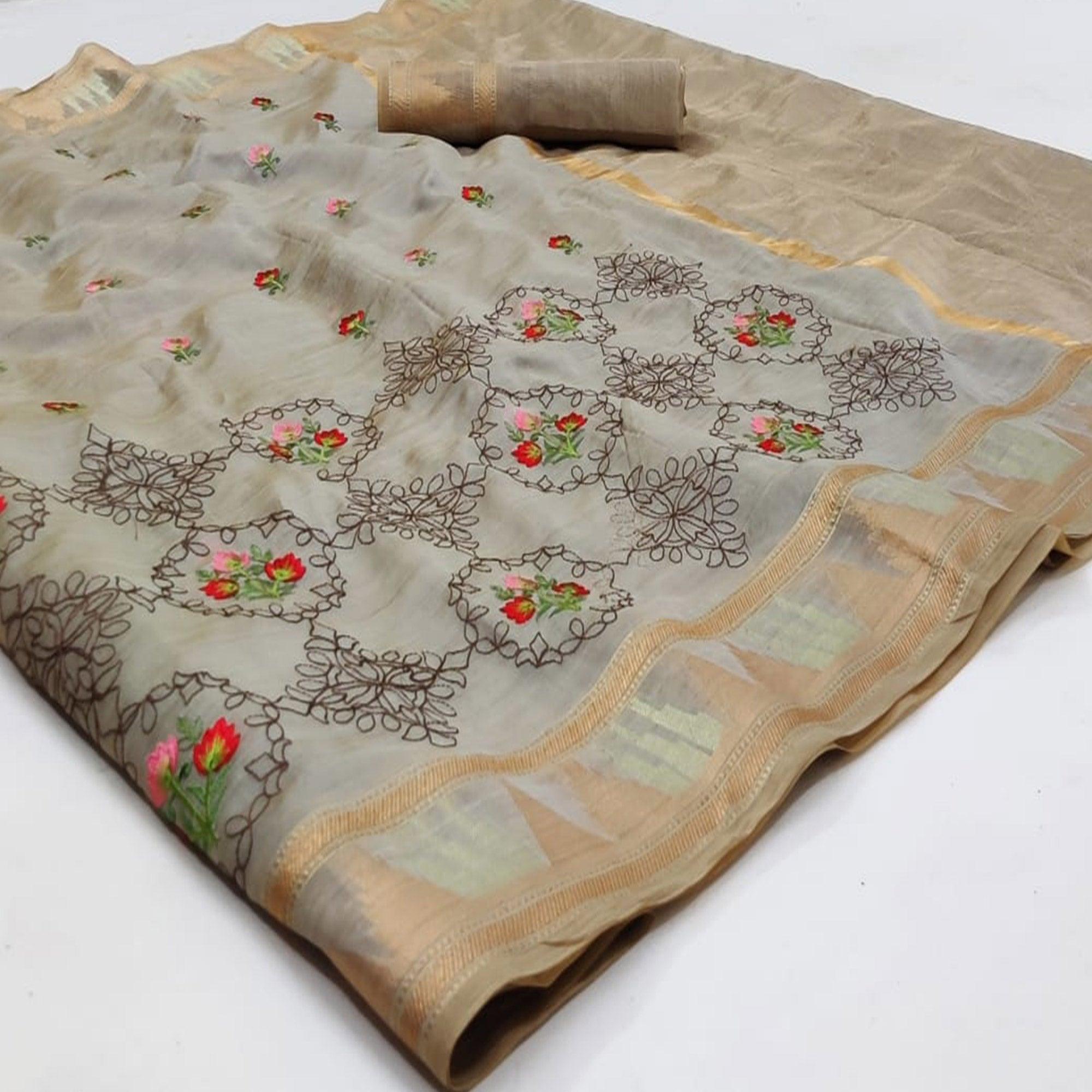 Grey Festive Wear Floral Embroidery With Woven Organza Saree - Peachmode
