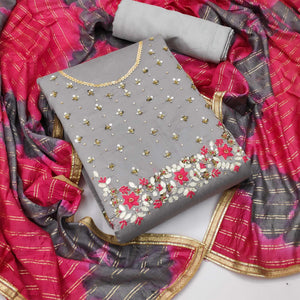 Grey Festive Wear Floral Handwork Modal Chanderi Dress Material - Peachmode