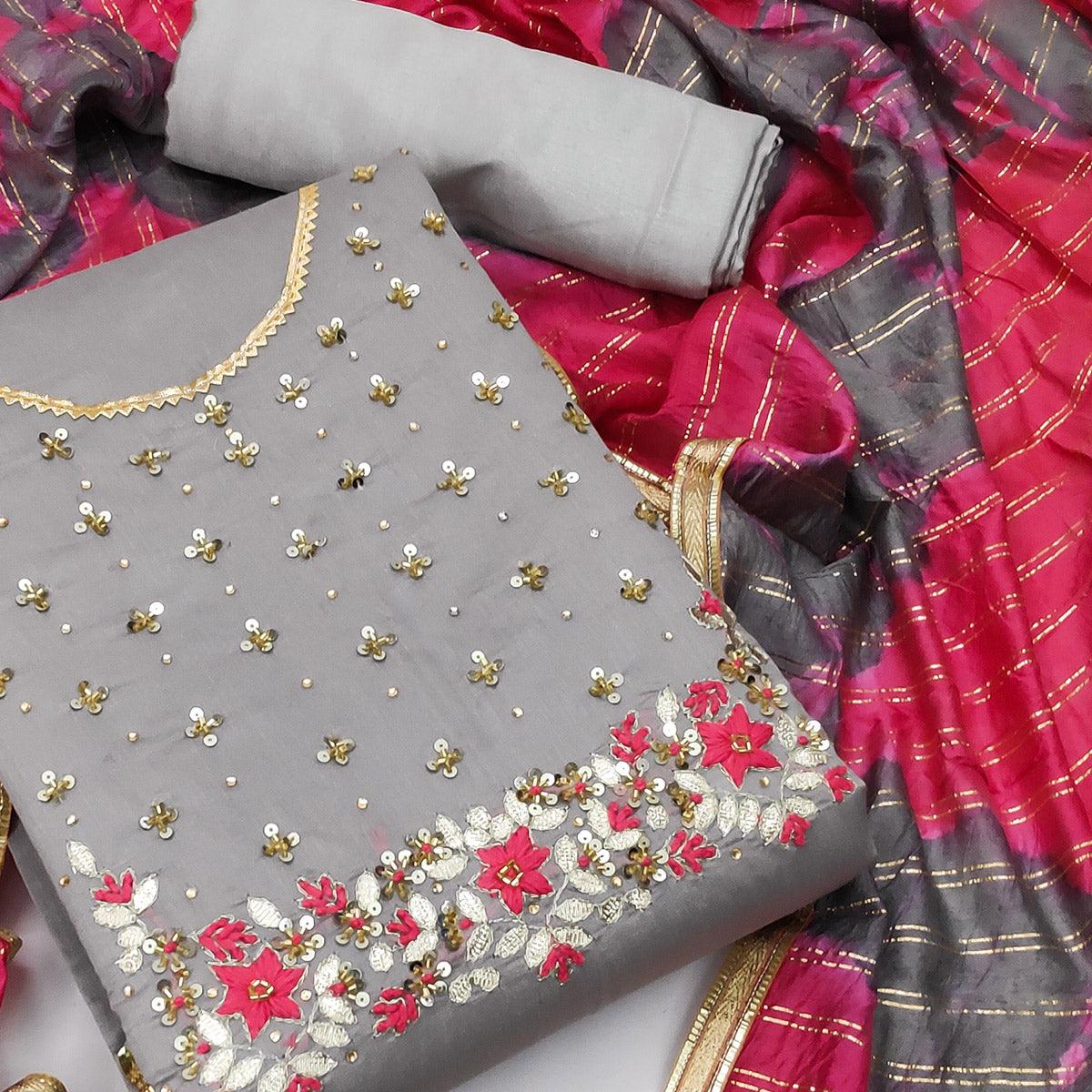 Grey Festive Wear Floral Handwork Modal Chanderi Dress Material - Peachmode