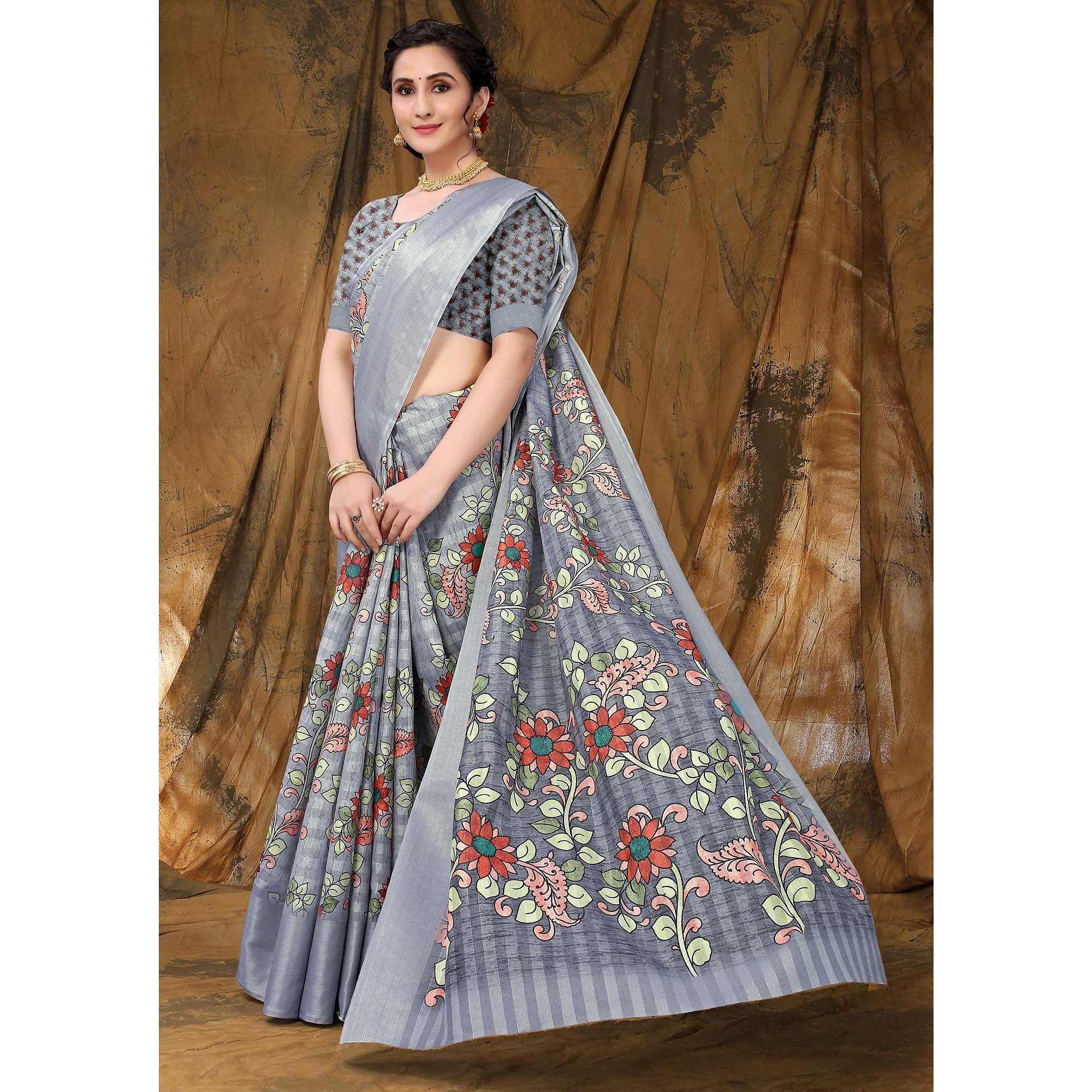 Grey Festive Wear Floral Printed Art Silk Saree - Peachmode