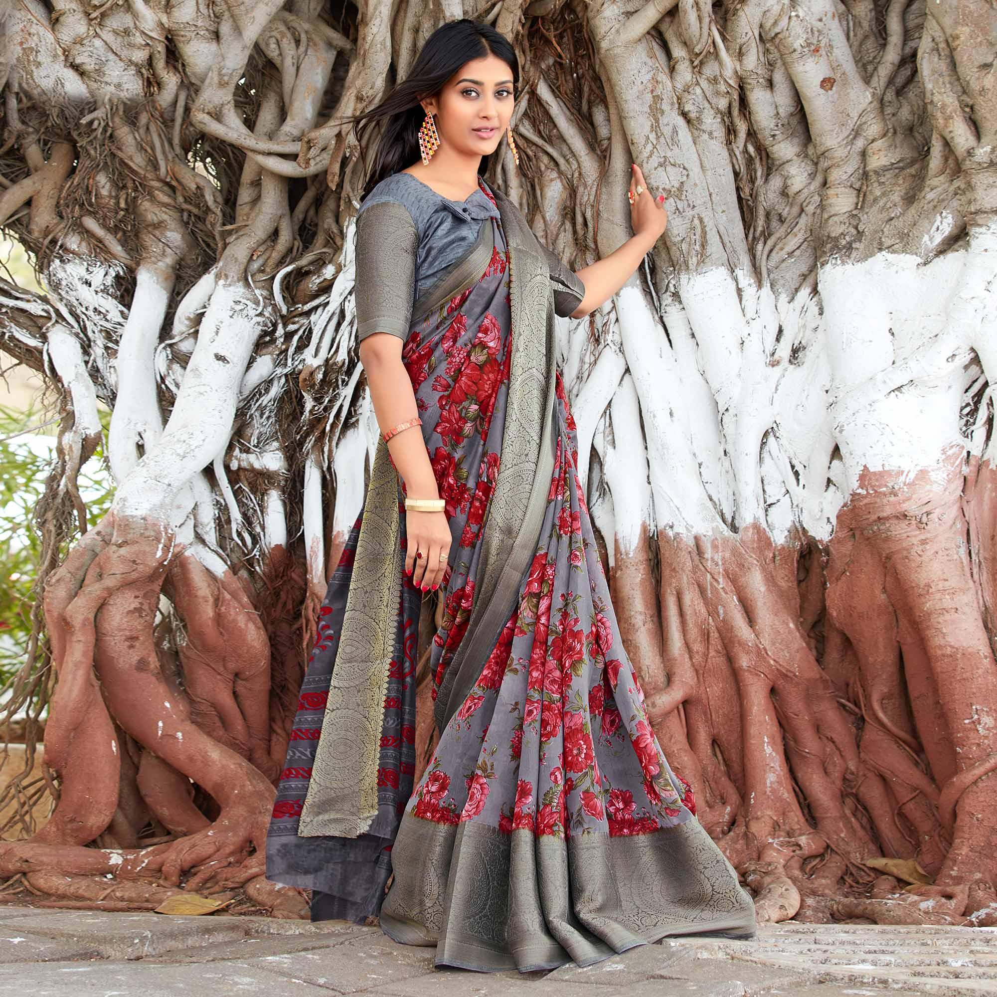 Grey Festive Wear Floral Printed Soft Cotton Saree - Peachmode